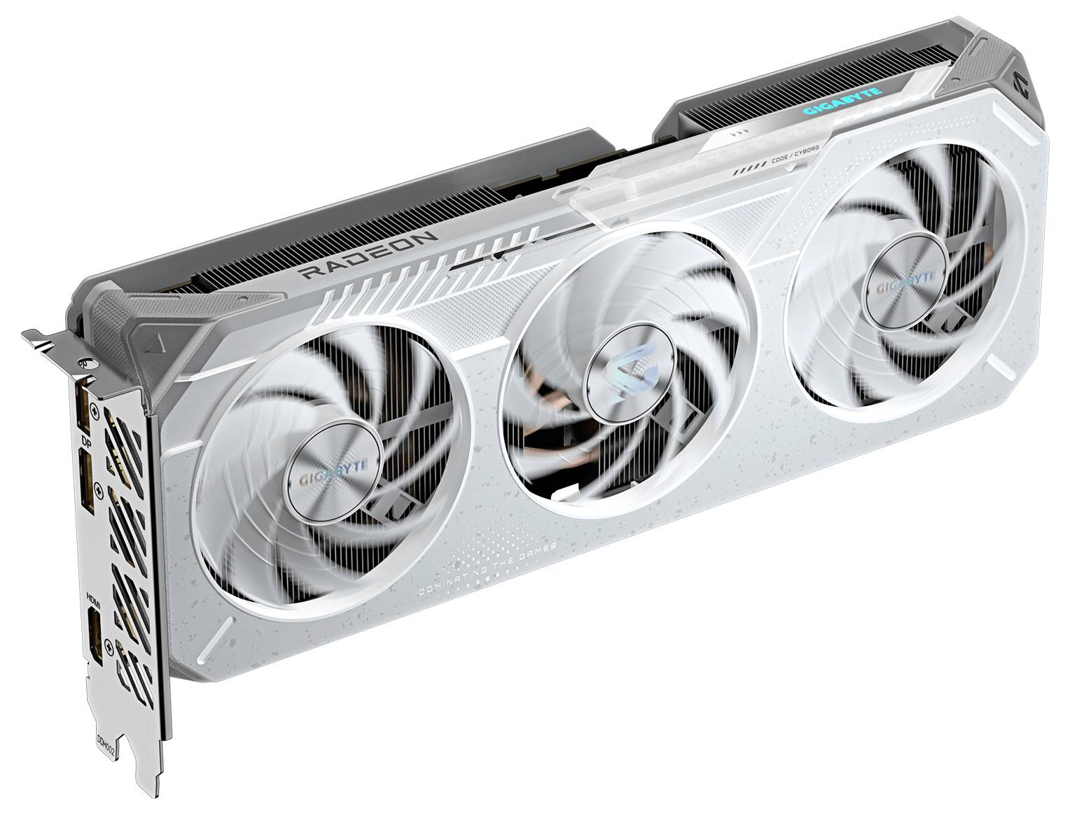 Una scheda grafica per computer con tre ventole di raffreddamento e multiple porte di uscita video sul lato.