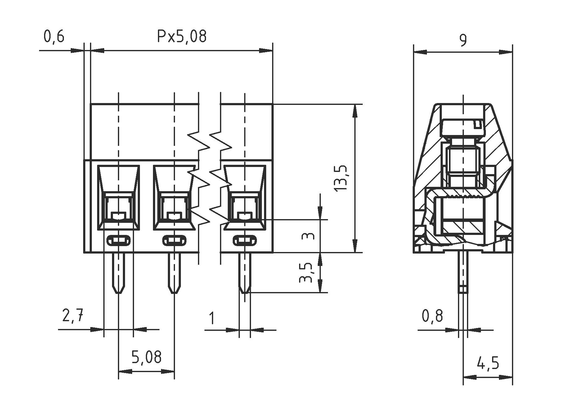 Disegno tecnico di un connettore elettrico a tre pin con misurazioni dettagliate in millimetri, inclusi spaziatura dei pin e dimensioni complessive.
