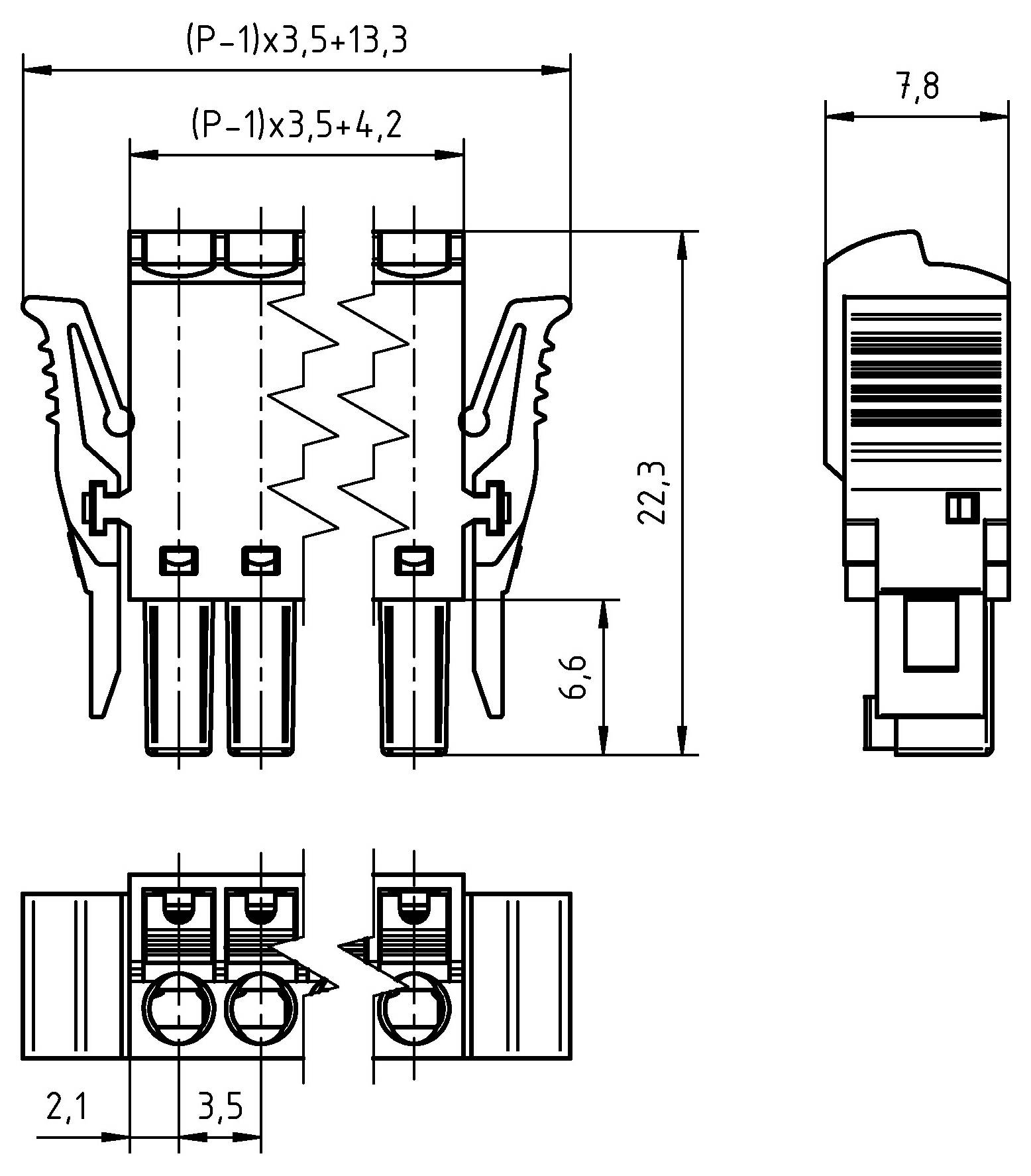 Disegno tecnico di un connettore elettrico con dimensioni. Sono mostrate le viste frontale e laterale, con varie misure in millimetri.