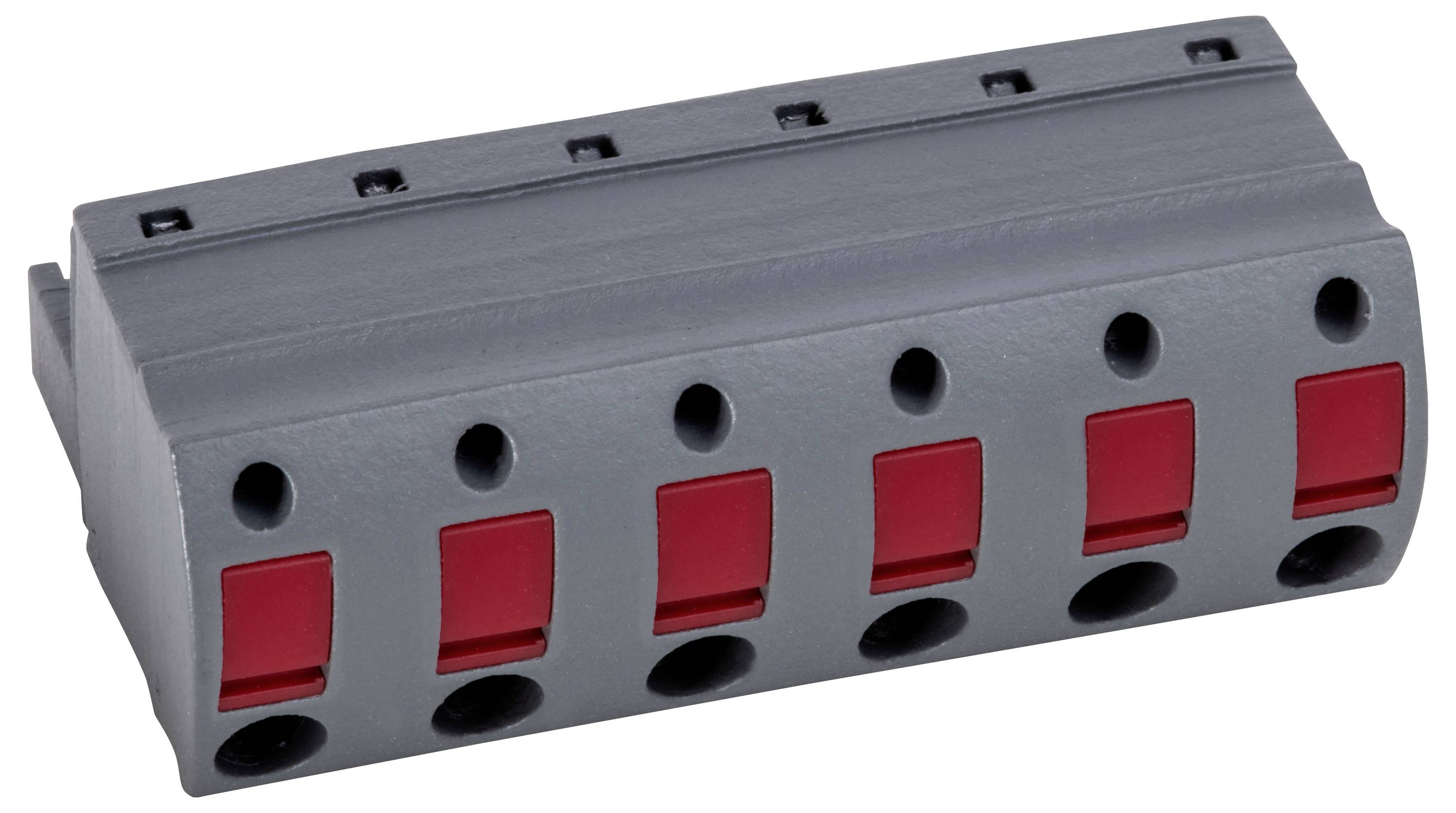 Un blocco di morsetti elettrici grigio e rosso con molteplici punti di connessione.