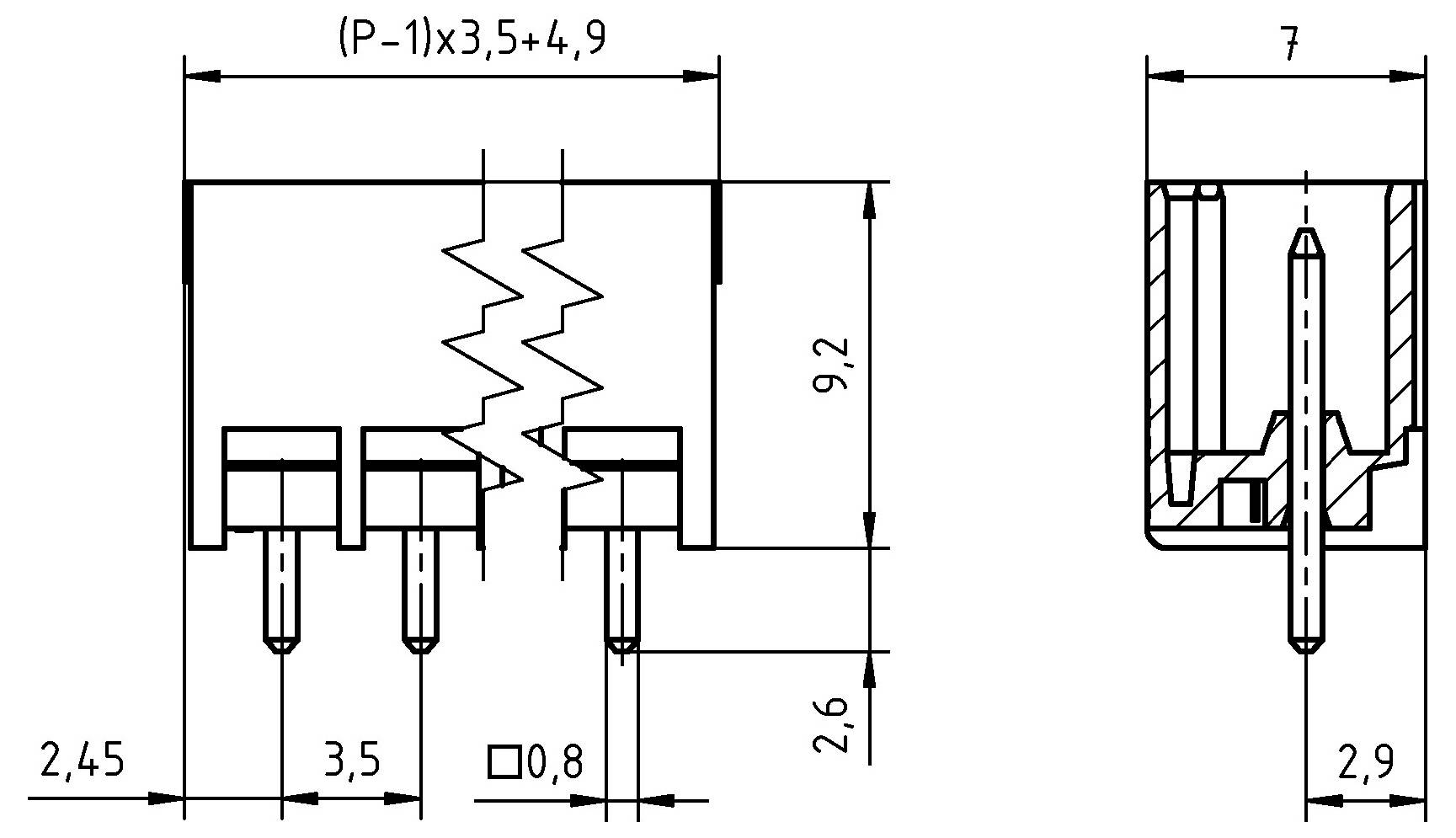 Diagramma tecnico che mostra due viste di un componente elettronico con piedini. Le dimensioni sono fornite in millimetri per riferimento di progettazione.