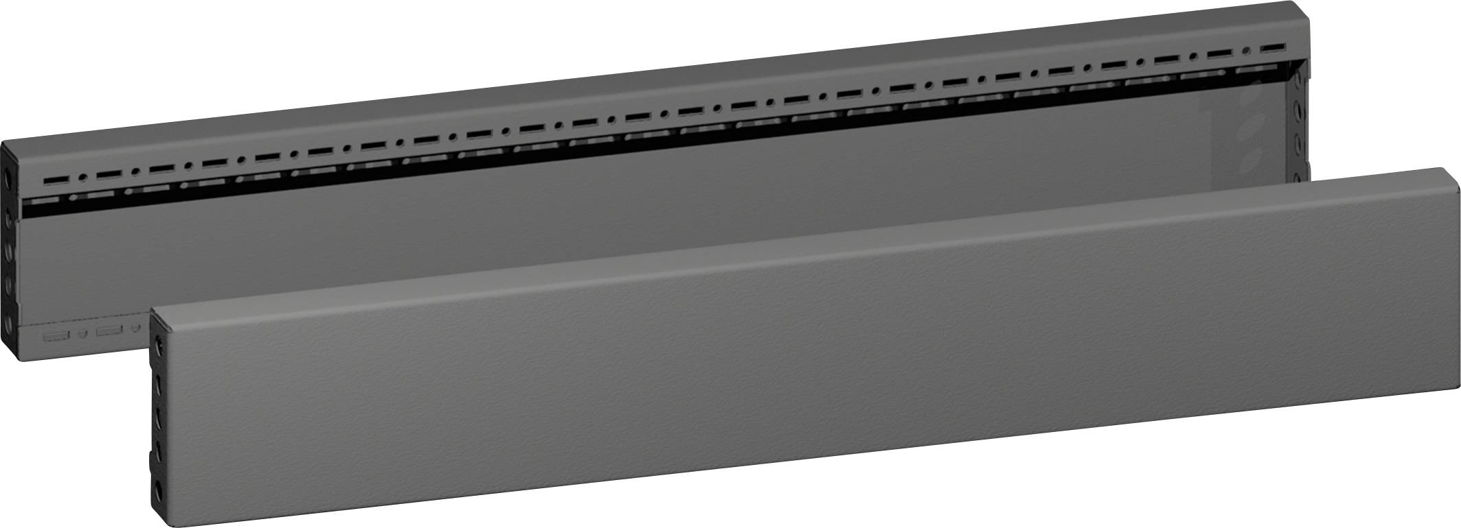 Due condotti di ventilazione lunghi e rettangolari di colore grigio scuro, uno dei quali mostra una serie di piccole aperture uniformemente distribuite lungo il bordo superiore.