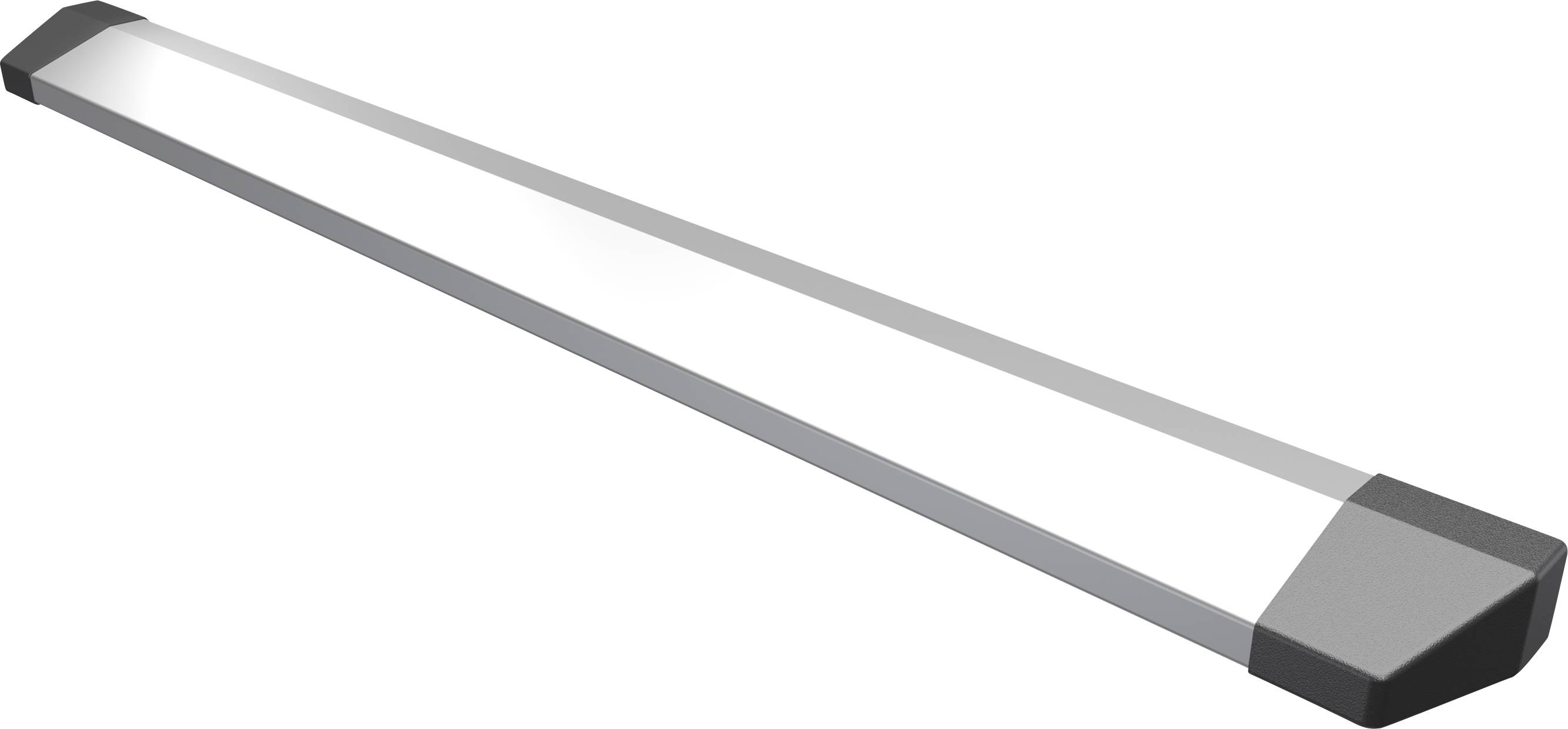 Una plafoniera LED rettangolare dal design elegante e moderno, con un pannello bianco allungato e terminali neri alle estremità.
