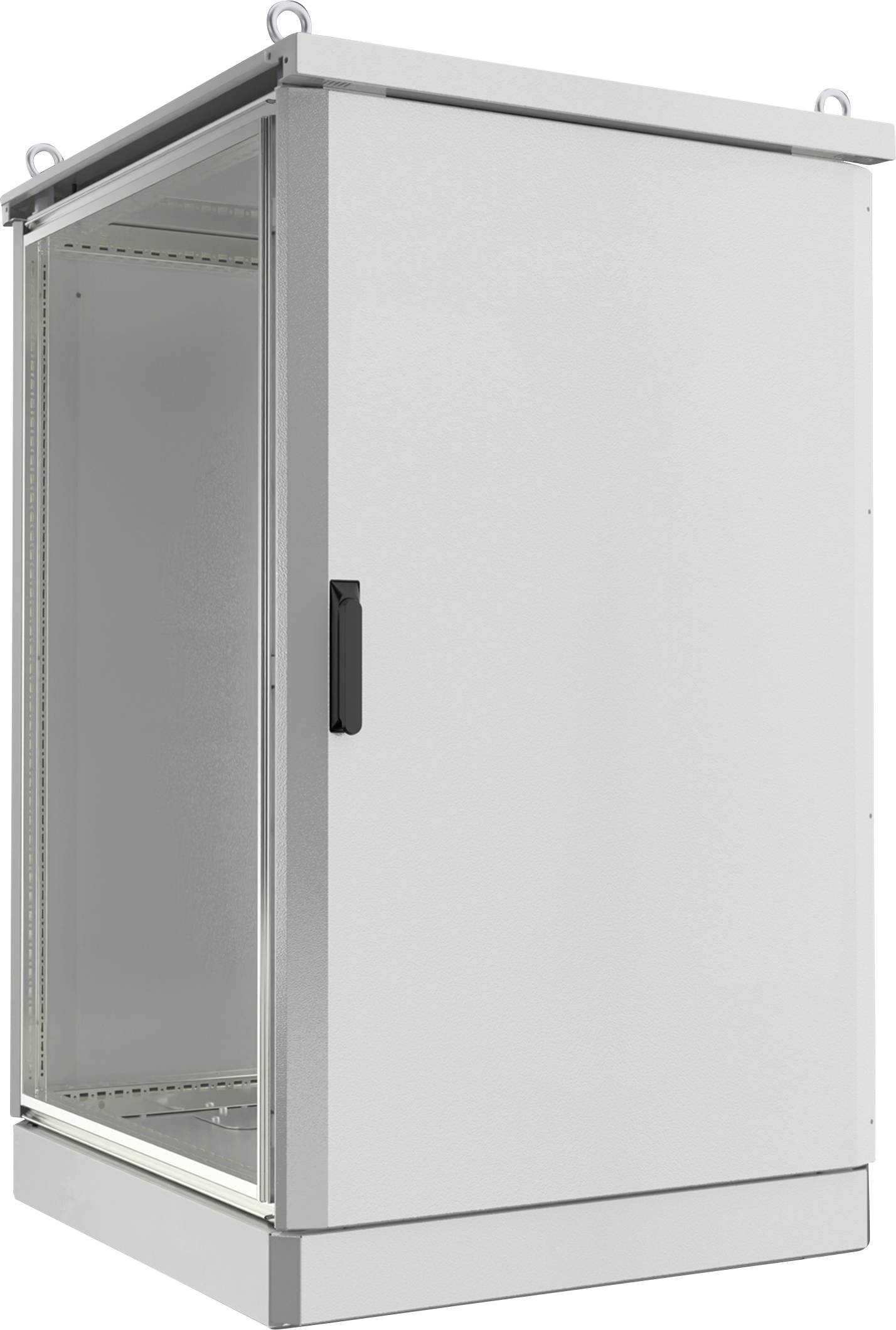 Un'ampia armadio metallico grigio con uno sportello aperto, che mostra un interno vuoto. Progettato per contenere apparecchiature elettriche o di rete.