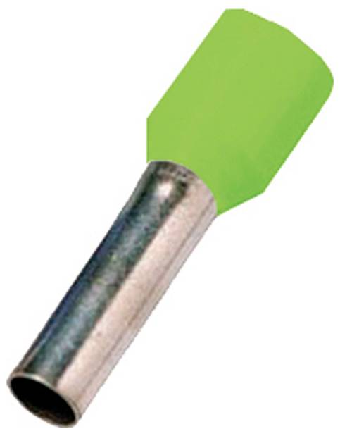 Un ferrule metallico argentato con un involucro di plastica verde utilizzato per fissare le estremità dei fili.