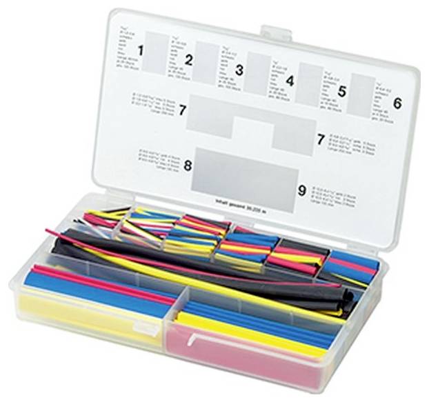 Una scatola di plastica con un coperchio trasparente contiene tubi termorestringenti colorati assortiti, organizzati per dimensione e colore.