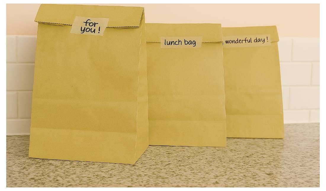 Tre sacchetti di carta marrone su un piano di lavoro, etichettati "per te!", "borsa per il pranzo" e "buona giornata!" su uno sfondo con piastrelle decorative.