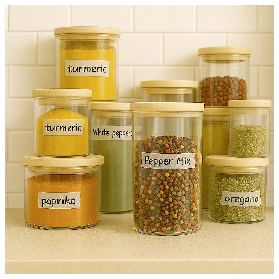 Barattoli di spezie assortite con coperchi in legno su un bancone della cucina, tra cui curcuma, pepe bianco, paprika, miscela di pepe e origano.