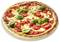 Una pizza Margherita con formaggio fuso, fette di pomodoro e foglie di basilico fresco su una crosta sottile, vista dall'alto su un piatto bianco.