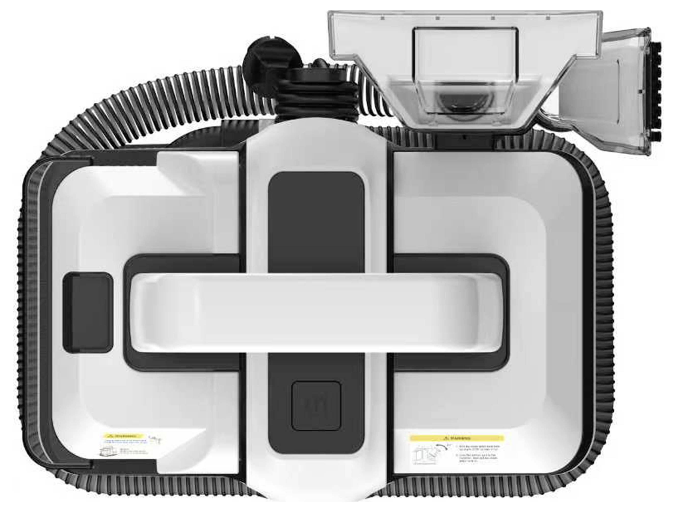 Un pulitore robotico per finestre dal design squadrato e elegante, dotato di tecnologia di aspirazione potente, un tubo flessibile e un pannello di controllo sulla parte superiore.