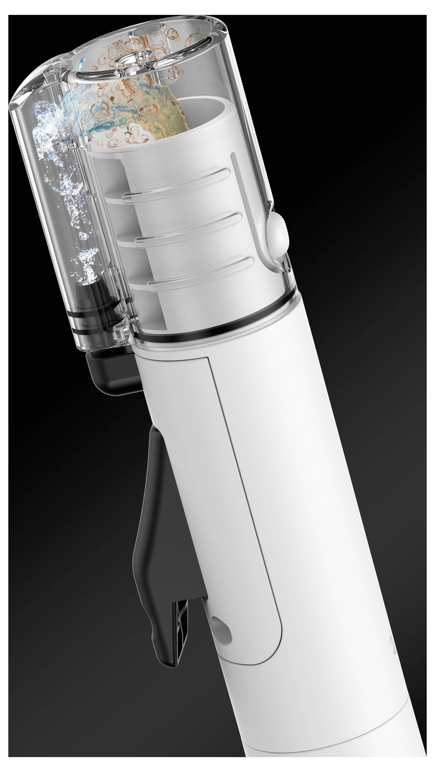 Un primo piano di un dispositivo di pulizia maneggevole bianco con un comparto trasparente che mostra il movimento di una sostanza colorata e bollosa all'interno.