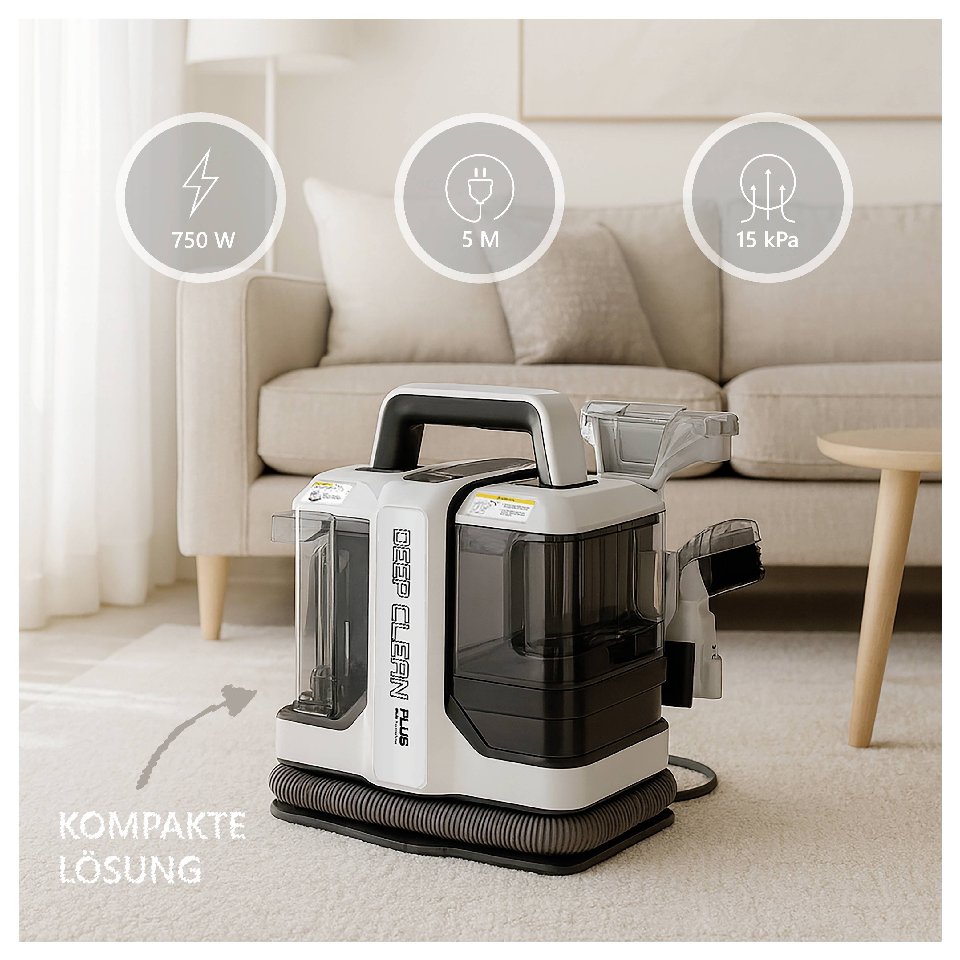 Un aspirapolvere compatto su un pavimento del soggiorno, etichettato 'Soluzione compatta'. Caratteristiche principali: 750 W, cavo da 5 m, aspirazione da 15 kPa.