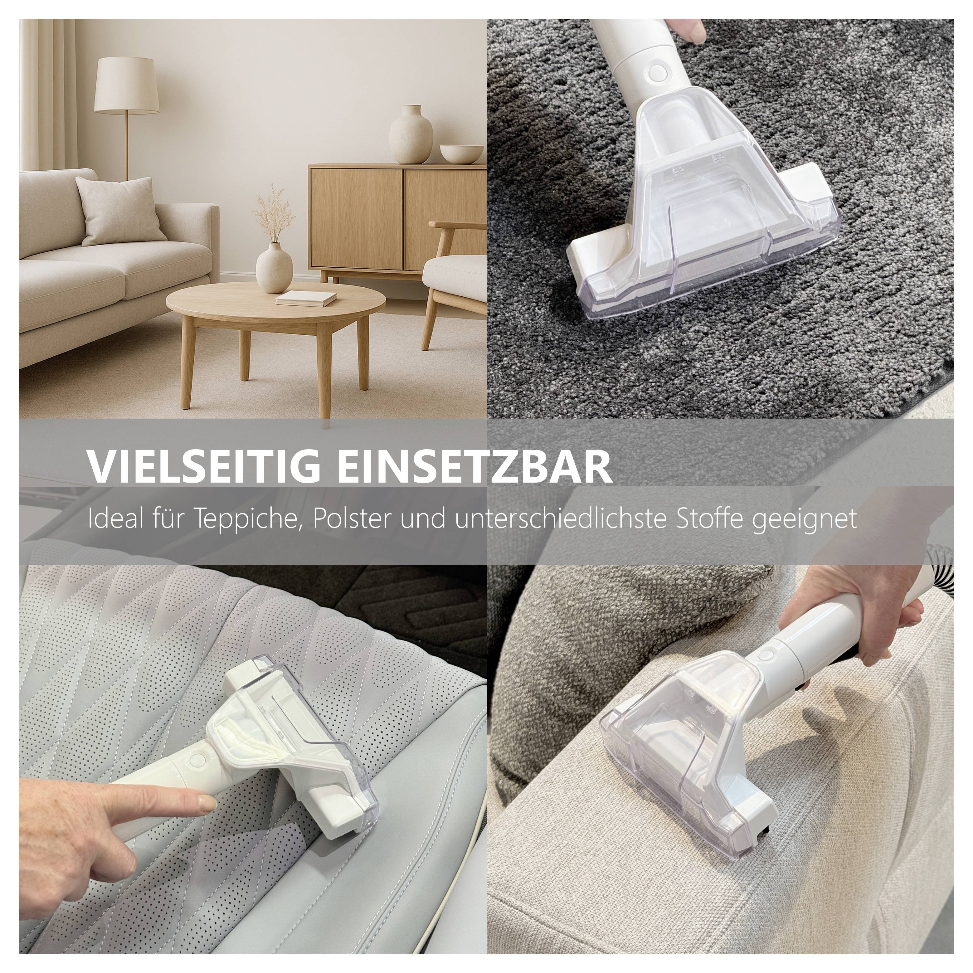 Collage che mostra un aspirapolvere che pulisce un tappeto e un'imbottitura con il testo 'Versatile utilizzo' che evidenzia la versatilità.