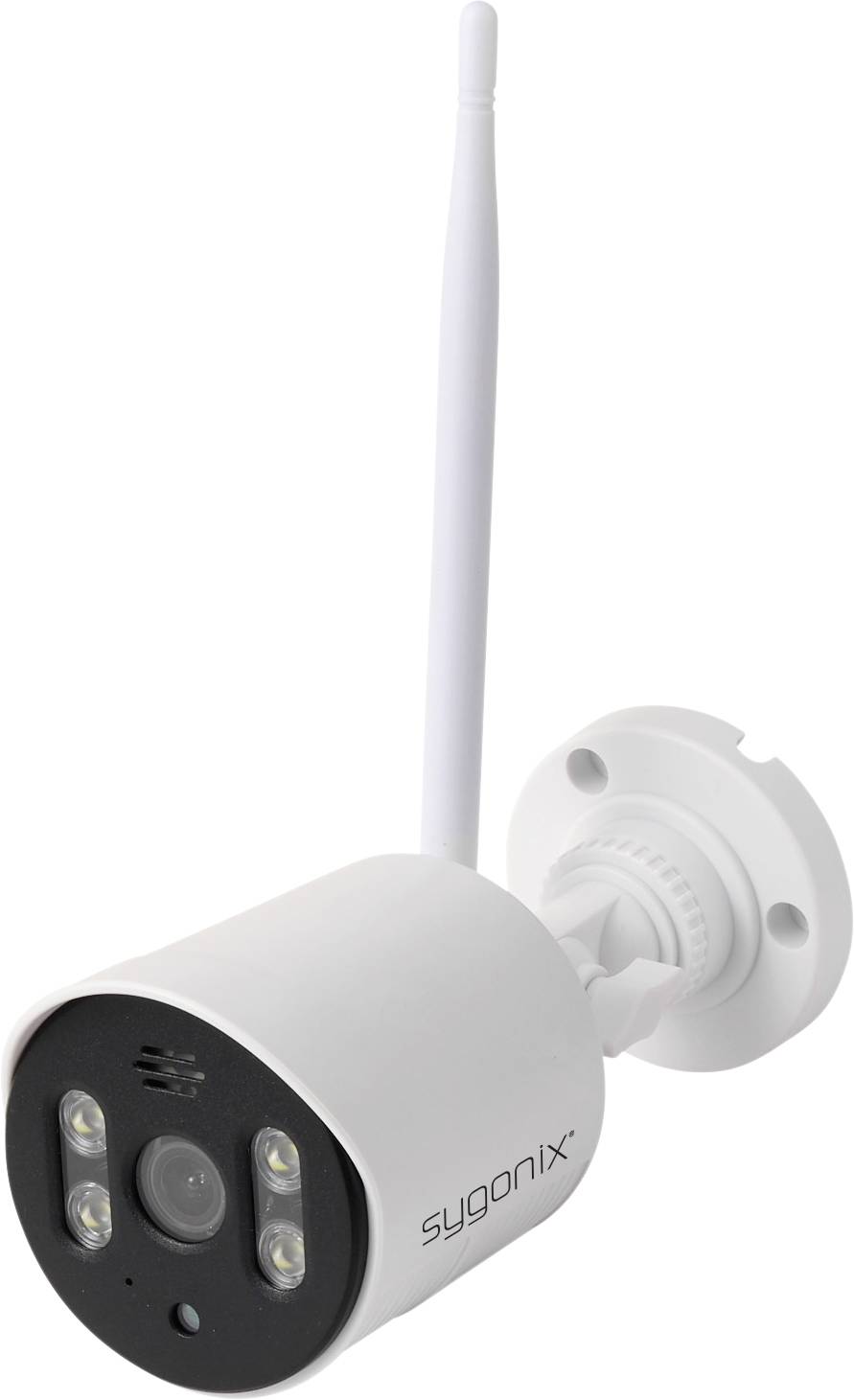 Telecamera di sicurezza wireless bianca con antenna e supporto a parete, che mostra l'obiettivo anteriore e le luci infrarosse.