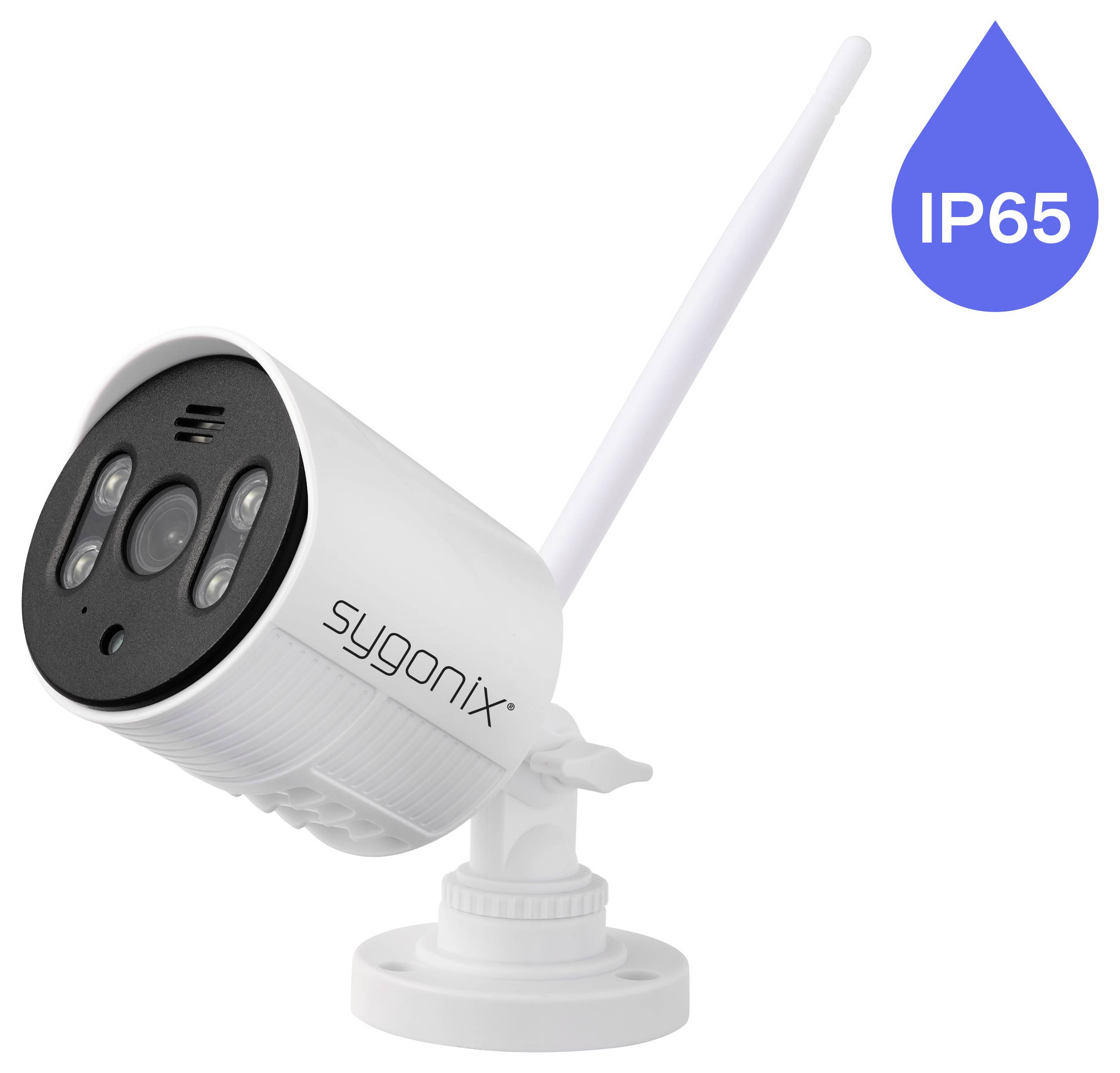 Fotocamera di sicurezza esterna bianca Sygonix con antenna e contrassegno di resistenza all'acqua 'IP65'.