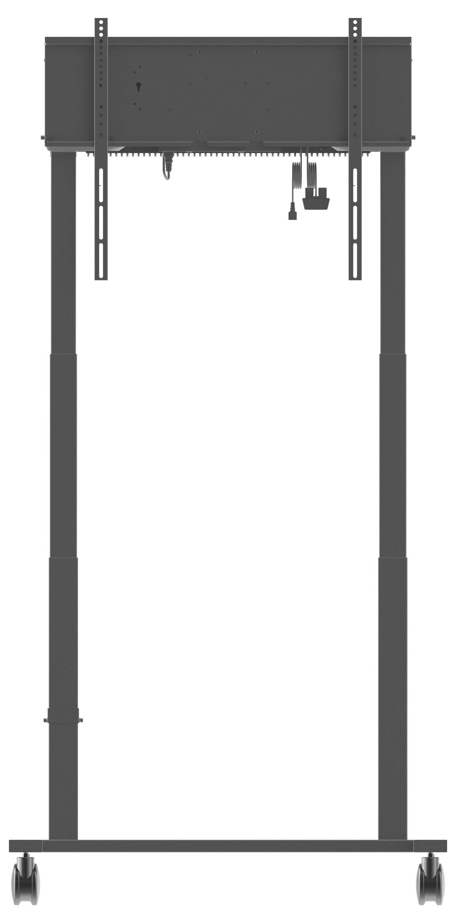 Un supporto scuro regolabile in altezza su ruote, progettato per sostenere schermi o monitor di grandi dimensioni. Include cavi di alimentazione per connessioni elettroniche.