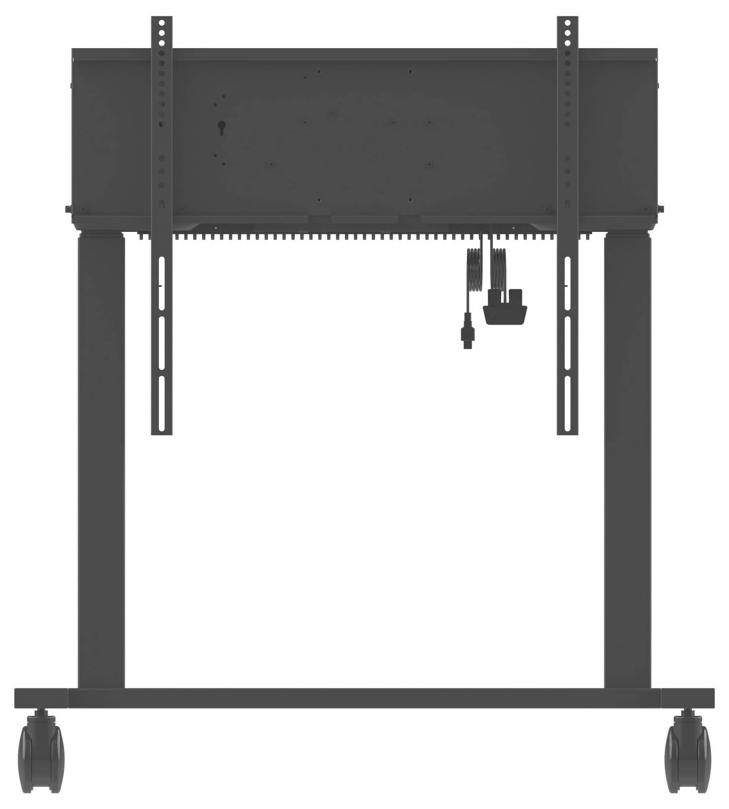 Un supporto in metallo nero, rettangolare, con ruote e un meccanismo di staffaggio regolabile al centro, visto da davanti.