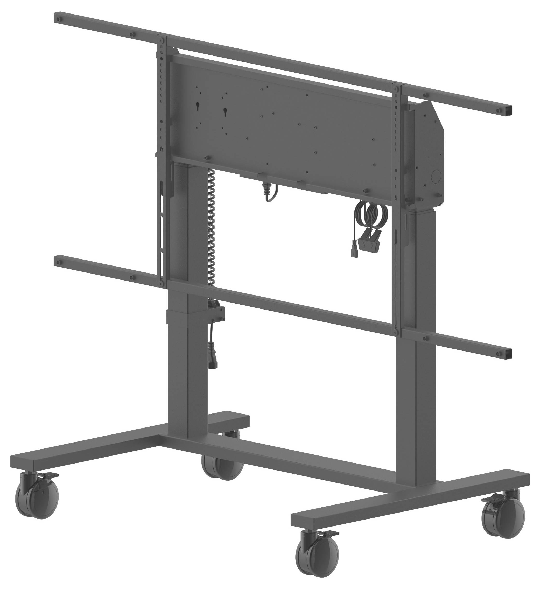 Un supporto per TV o monitor in metallo su ruote con staffe di montaggio regolabili e un sistema di gestione dei cavi.