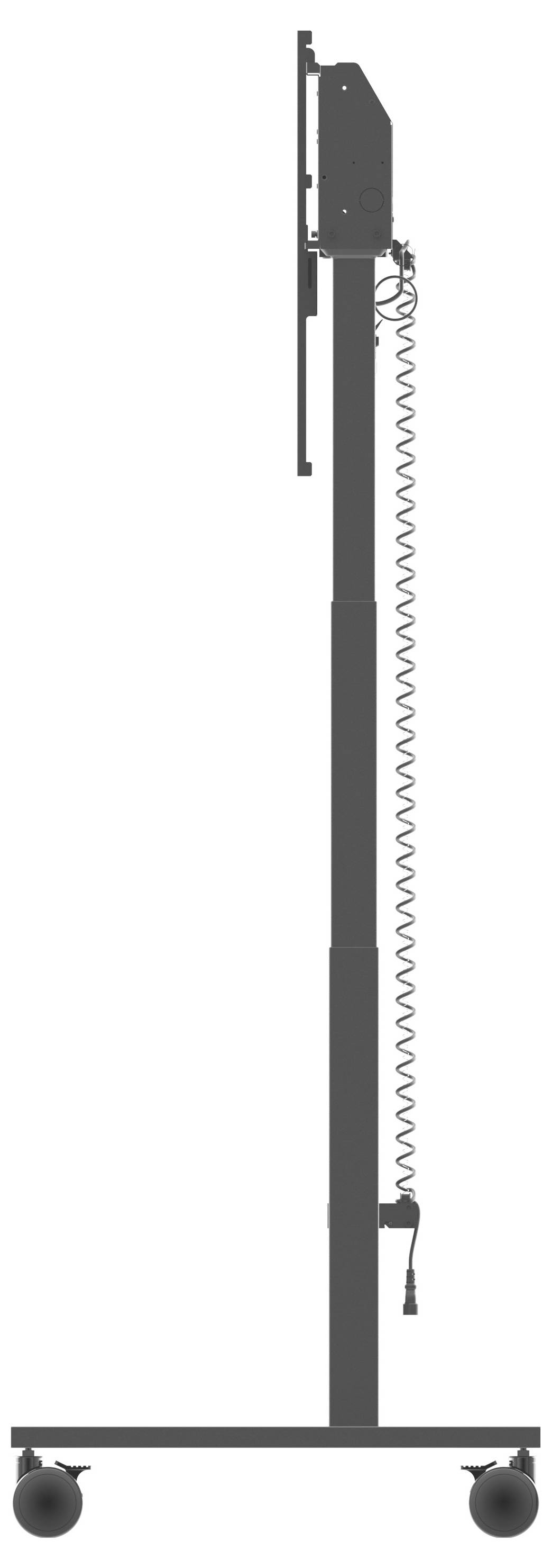 Un supporto verticale con ruote, che sorregge un dispositivo elettronico con un cavo a spirale collegato, visto di lato.
