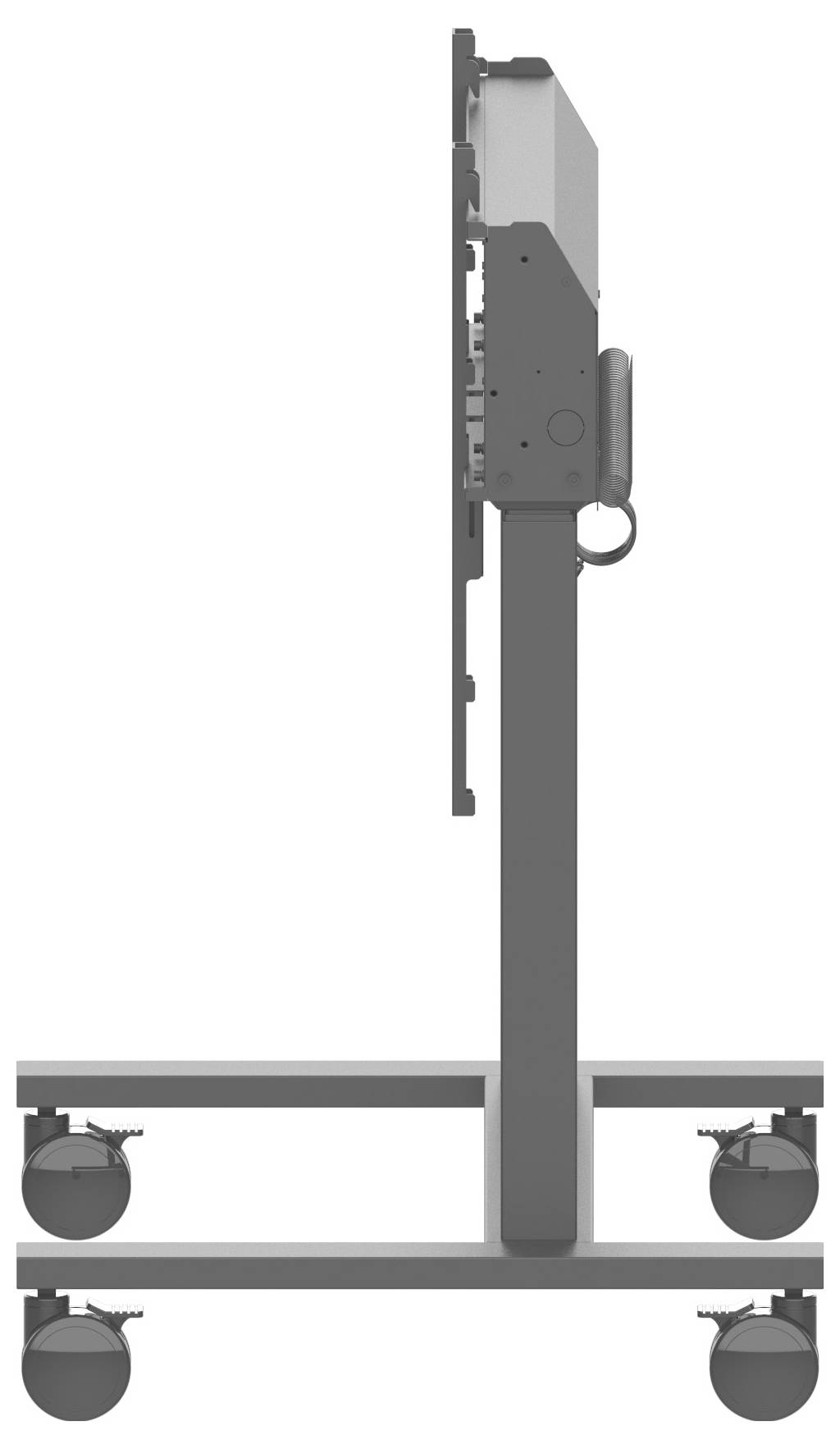 Una vista laterale di un monitor a schermo piatto montato su un supporto mobile con quattro ruote a rotella.