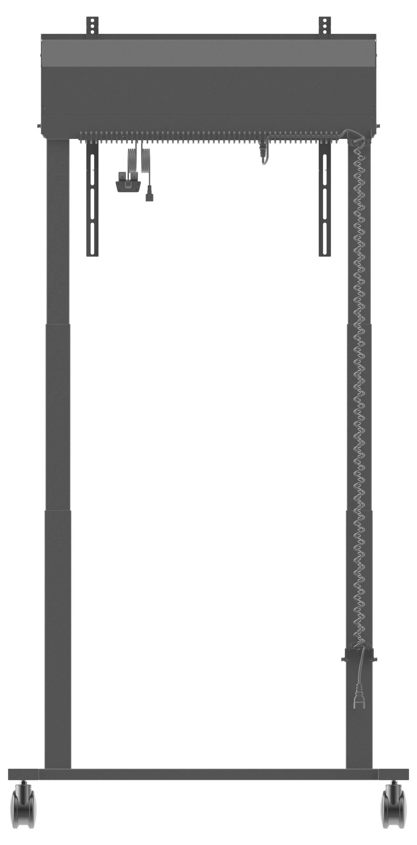 'Macchina di sollevamento industriale grigia con ruote e gambe estensibili, progettata per il sollevamento di carichi pesanti in cantieri edili o impianti di produzione.'