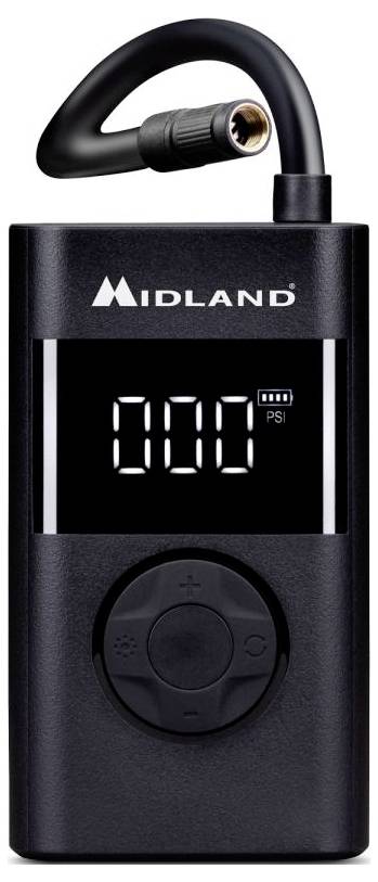 Un compressore digitale nero per gonfiare pneumatici con un display che mostra '000 PSI', una manopola di controllo e un tubo dell'aria collegato. Il marchio riporta 'Midland'.