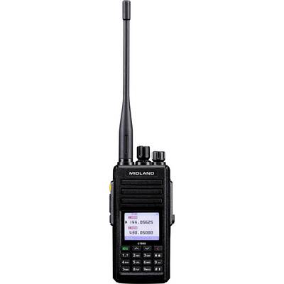 Un walkie-talkie nero Midland con antenna; mostra numeri di frequenza su un display digitale e pulsanti di controllo sotto.