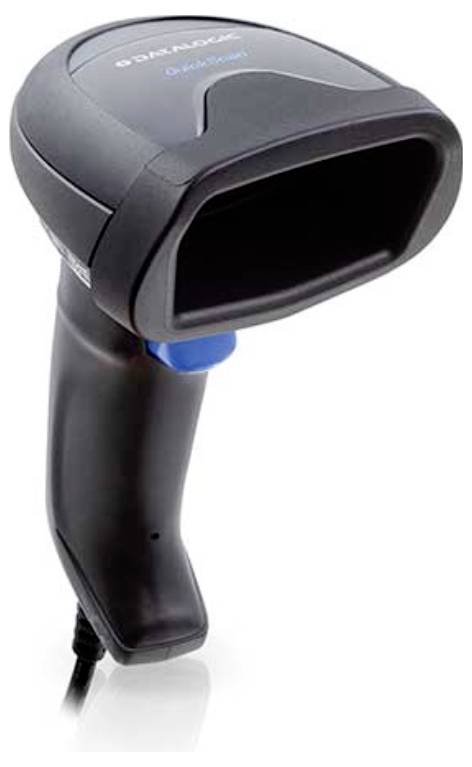 Un lettore di codici a barre portatile con corpo nero e pulsante blu, utilizzato per leggere codici a barre per l'inventario o l'elaborazione delle vendite.