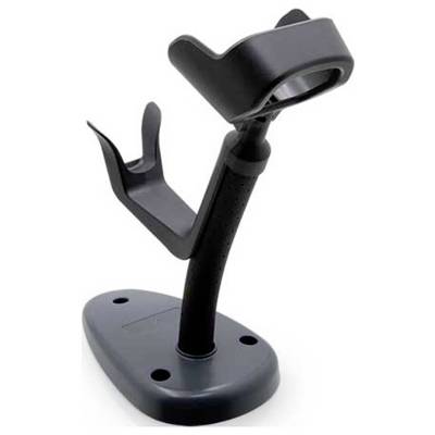 Un supporto nero per lettore di codici a barre con base pesata, braccio regolabile e supporto per sostenere saldamente un lettore di codici a barre.