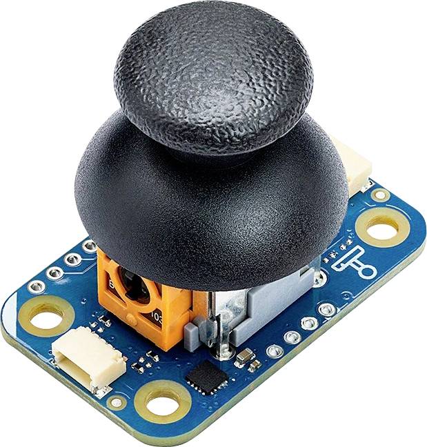 Un primo piano di un modulo joystick nero su una scheda circuitale blu, con connettori e componenti elettronici, utilizzato in progetti elettronici.