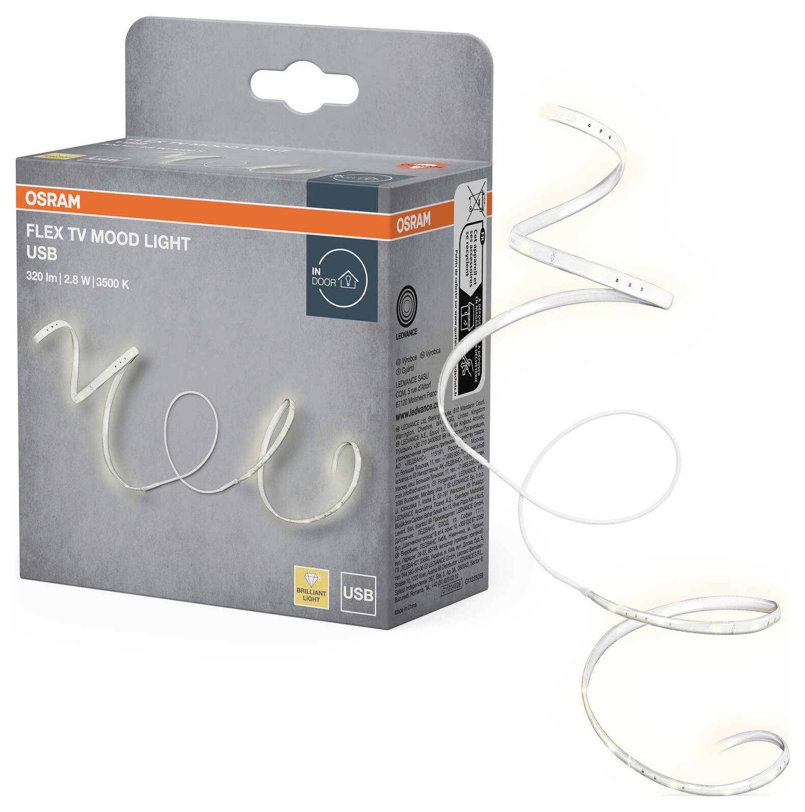 Luce d'atmosfera OSRAM Flex per TV con striscia LED arrotolata visibile. Alimentazione USB, 320 lm, luce bianca calda, 3500 K. Adatta per l'illuminazione posteriore della TV.