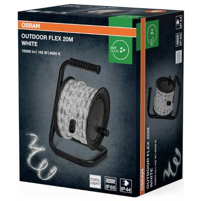 OSRAM Outdoor Flex 20M bobina di luci LED bianche per esterno; 16800 lm, 142 W, 4000 K. Le caratteristiche includono IP65, IP44 e "Cool Light".