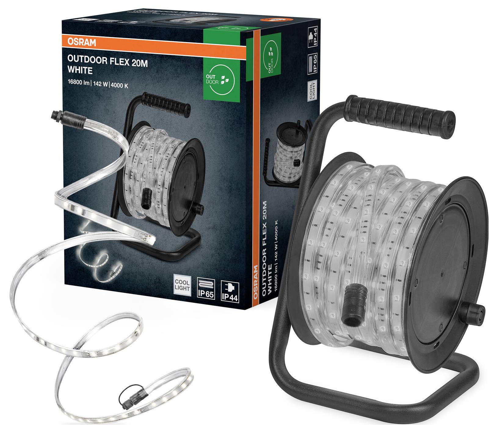 Scatola e rotolo srotolato di luci LED bianche Osram Outdoor Flex da 20m; 14.900 lm, 4000 K, luce fredda, IP65/IP44, che mostra un manico e una striscia flessibile.
