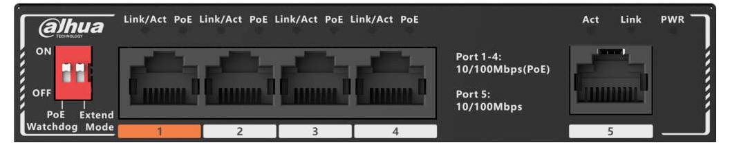 'Immagine di uno switch di rete con cinque porte Ethernet. Le porte 1-4 supportano 10/100Mbps con PoE, e la porta 5 supporta 10/100Mbps. Marca Dahua.'
