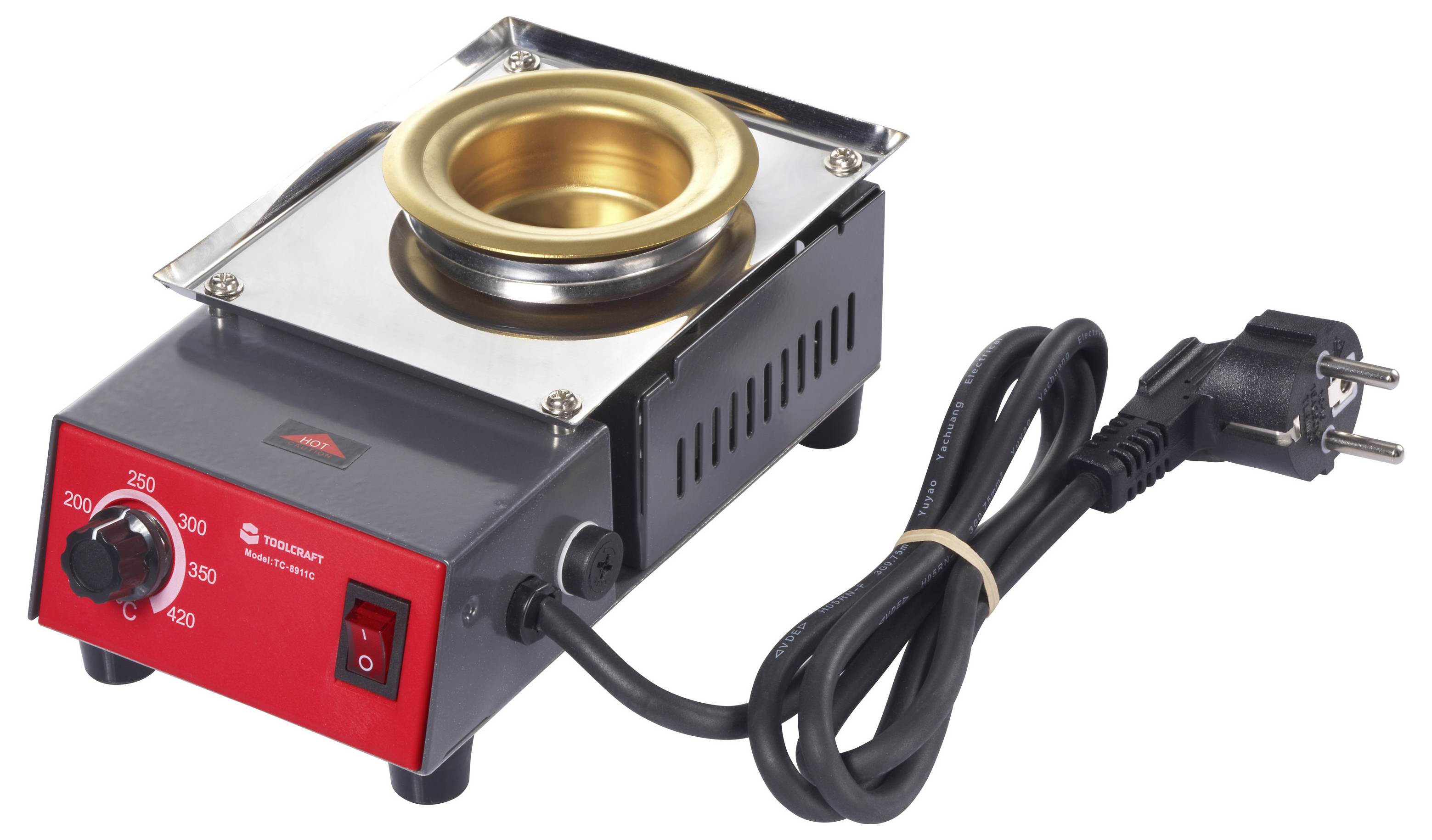 Una pentola di fusione elettrica con un selettore di temperatura e un interruttore di alimentazione sulla parte anteriore, utilizzata per riscaldare sostanze. Dispone di un cavo di alimentazione a due poli.