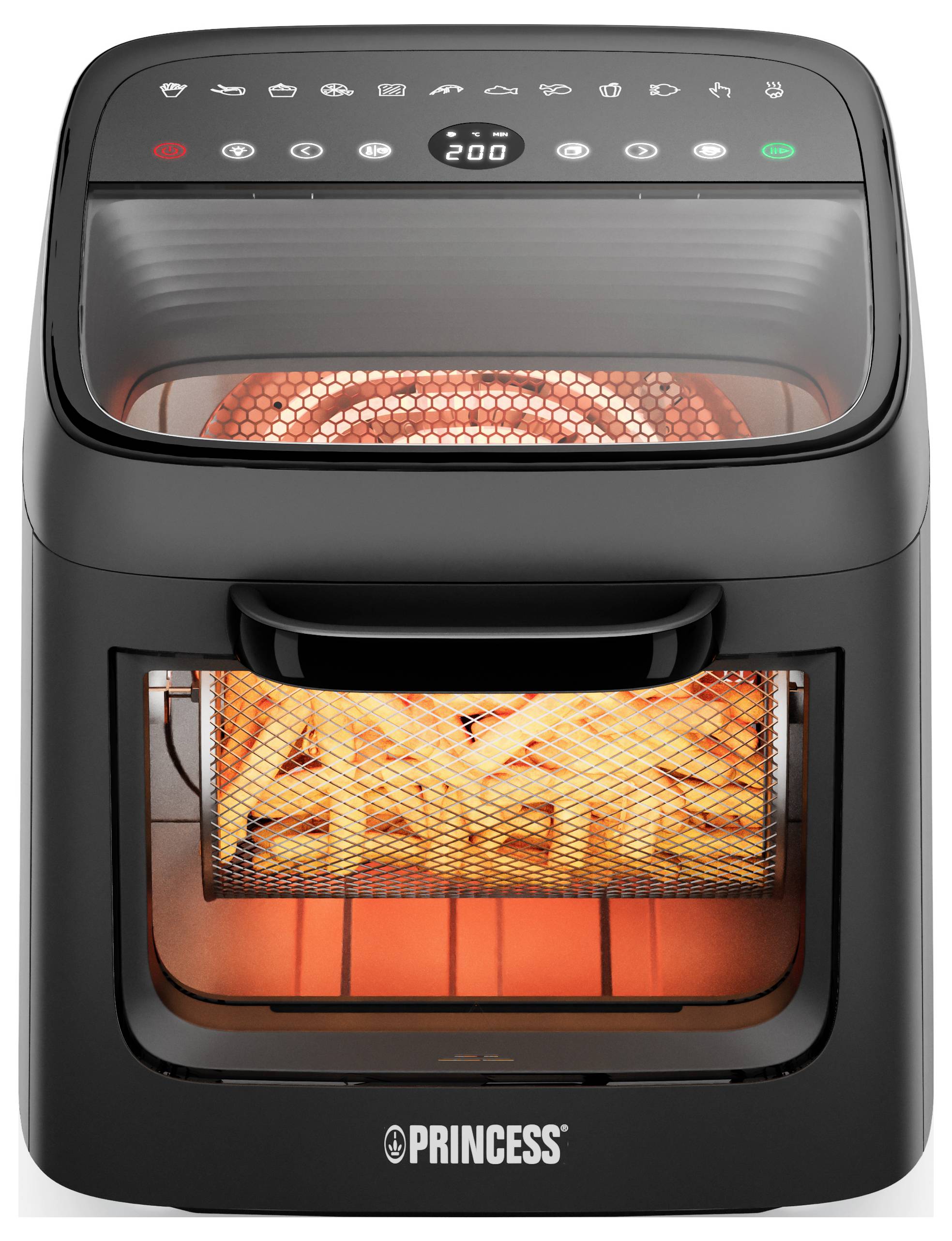Forno friggitrice ad aria del marchio 'Princess' con comandi digitali, che mostra patatine fritte in cottura.
