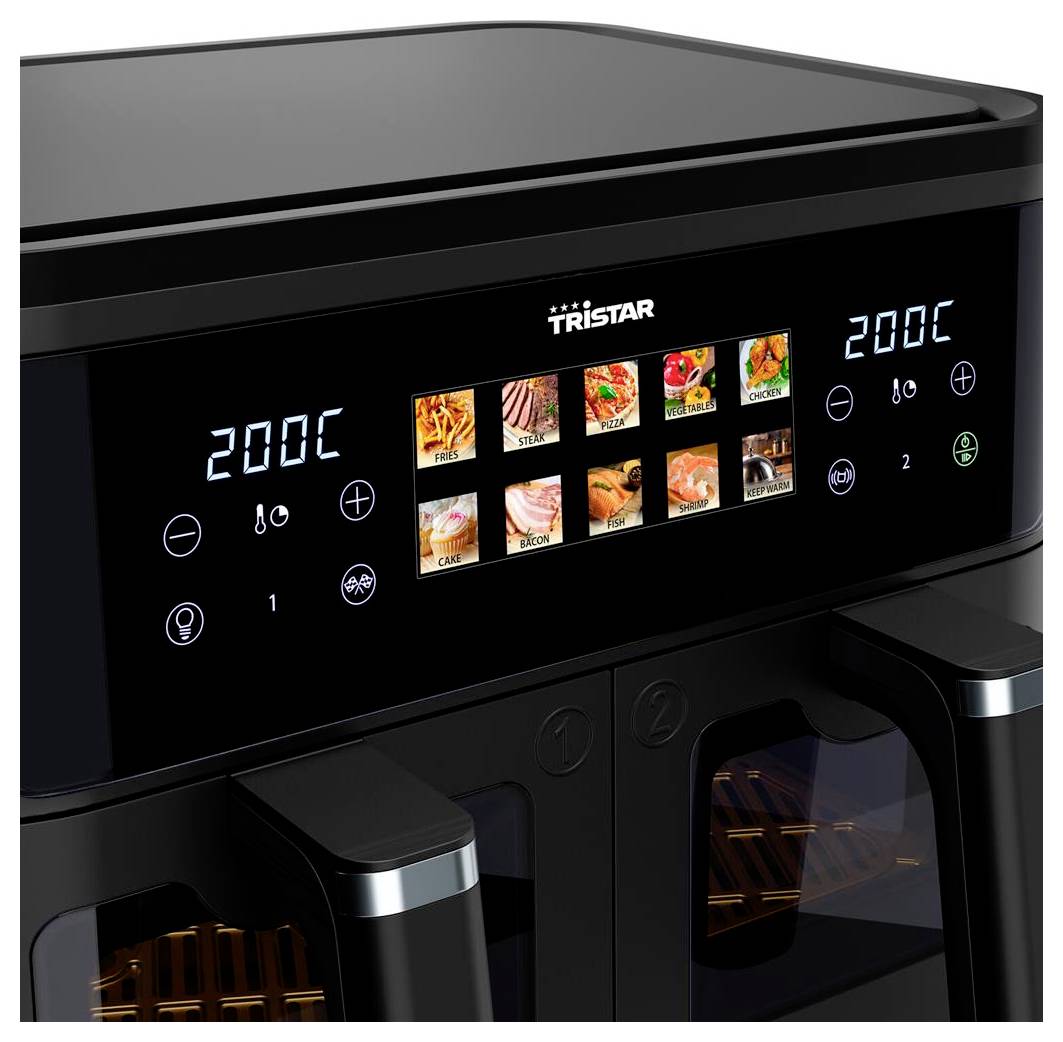 Friggitrice ad aria nera con schermo touch che mostra diverse opzioni di cottura come patatine fritte, pollo e pizza, impostata a 200°C.