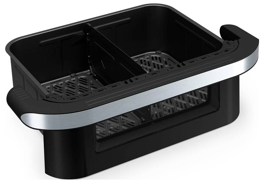 Un organizzatore pieghevole nero e argento per stoviglie con un divisorio mobile all'interno. È progettato per scolare piatti e utensili da cucina.