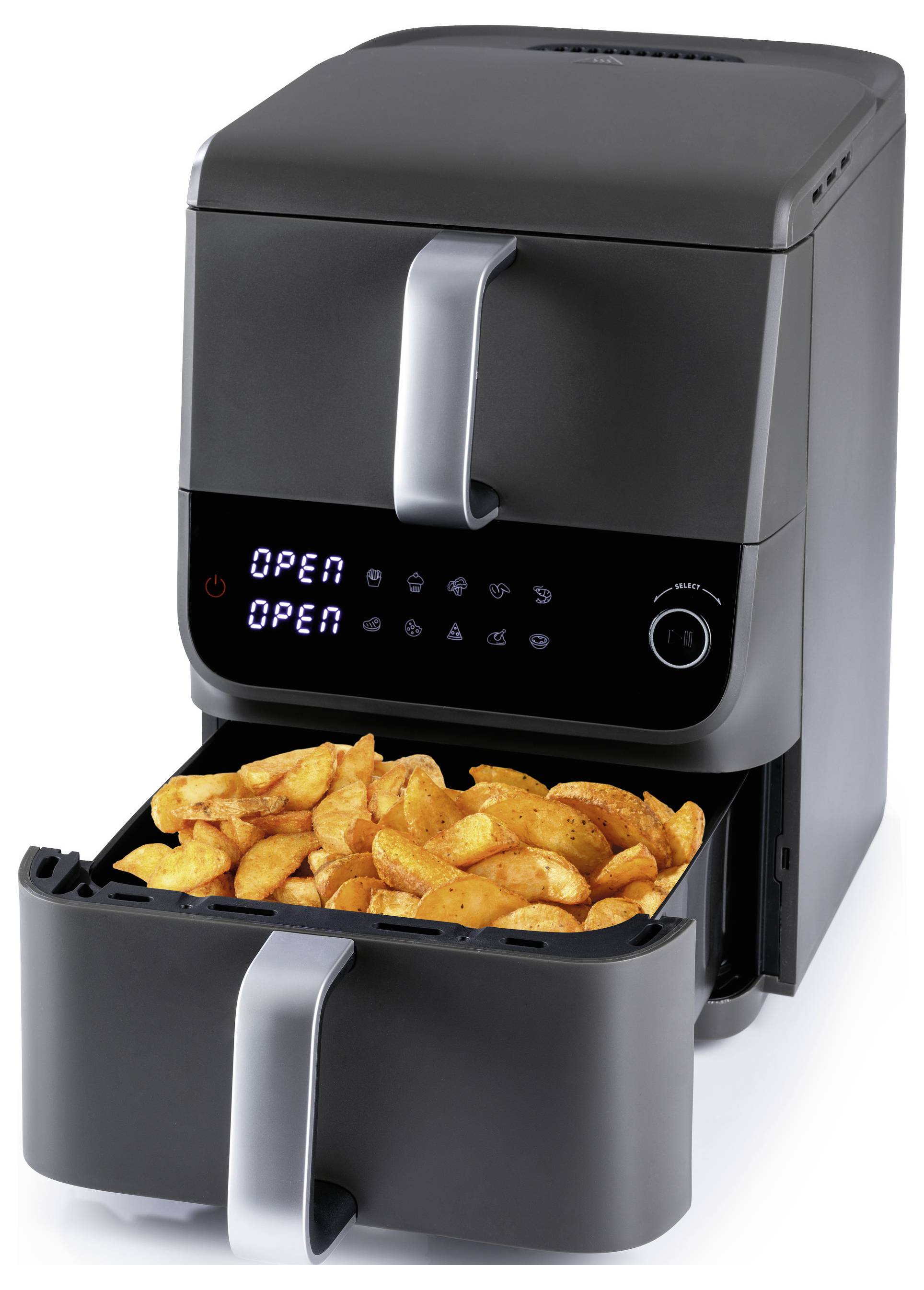 Una friggitrice ad aria nera con un display digitale mostra 'APERTO'. Il cassetto della friggitrice è aperto, mostrando un gruppo di spicchi di patate cotte e condite.