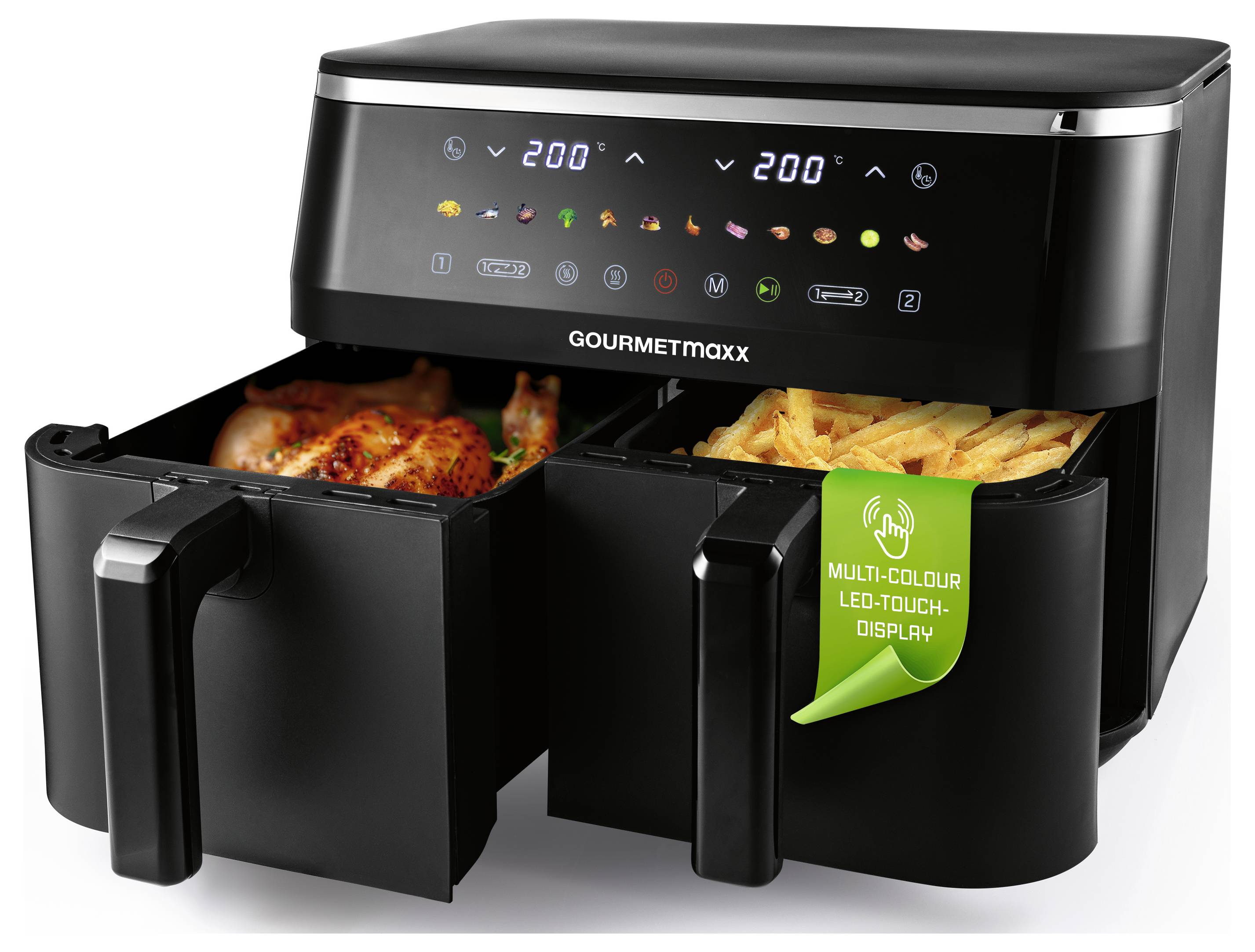 Un friggitrice ad aria a doppio cestello con un display touch digitale che mostra 200°C. Un cestello contiene pollo cotto, l'altro contiene patatine fritte.