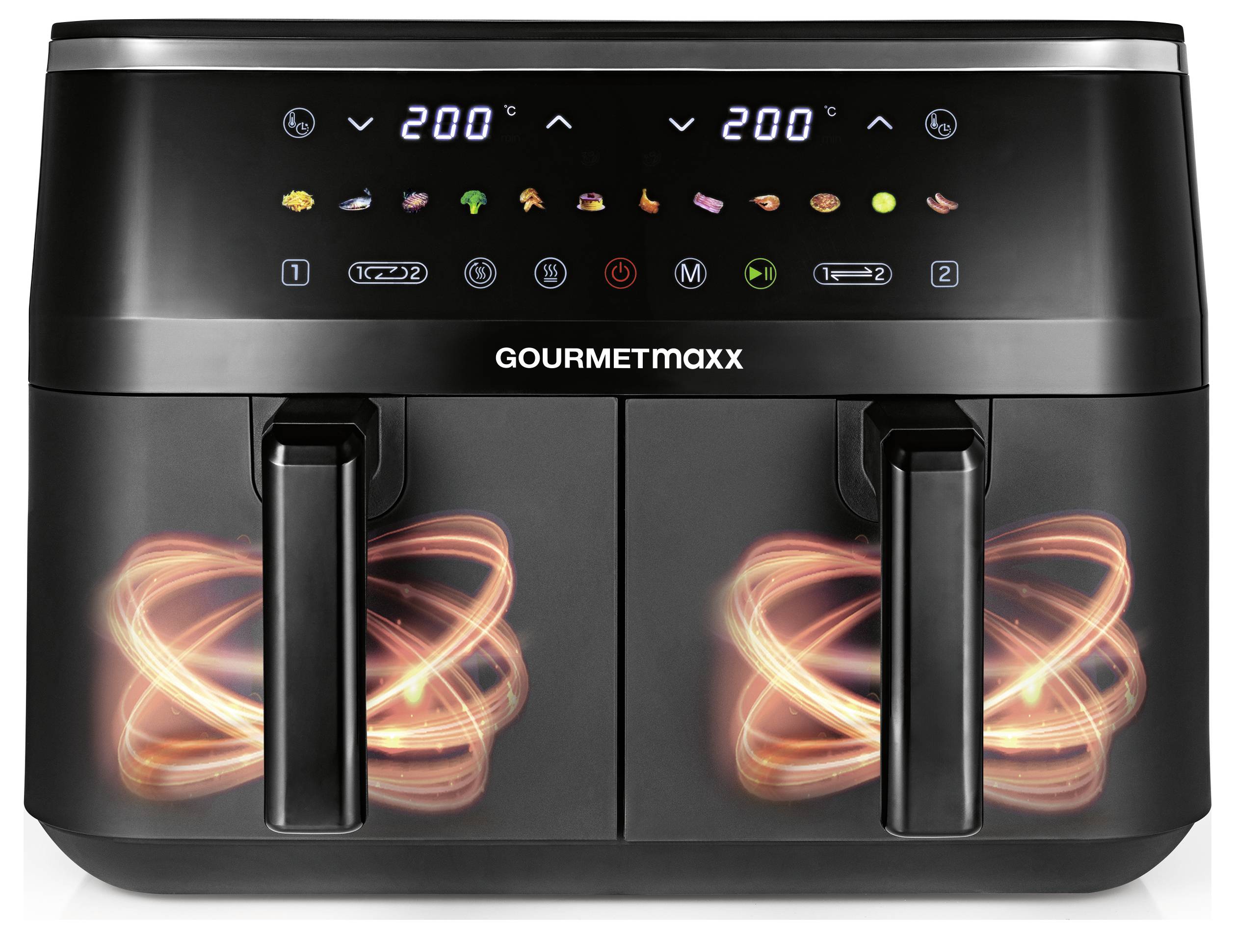 Un friggitrice ad aria con due cestelli e display LED impostato a 200°C. Il display mostra varie icone di modalità di cottura e il nome 'GOURMETmaxx.'