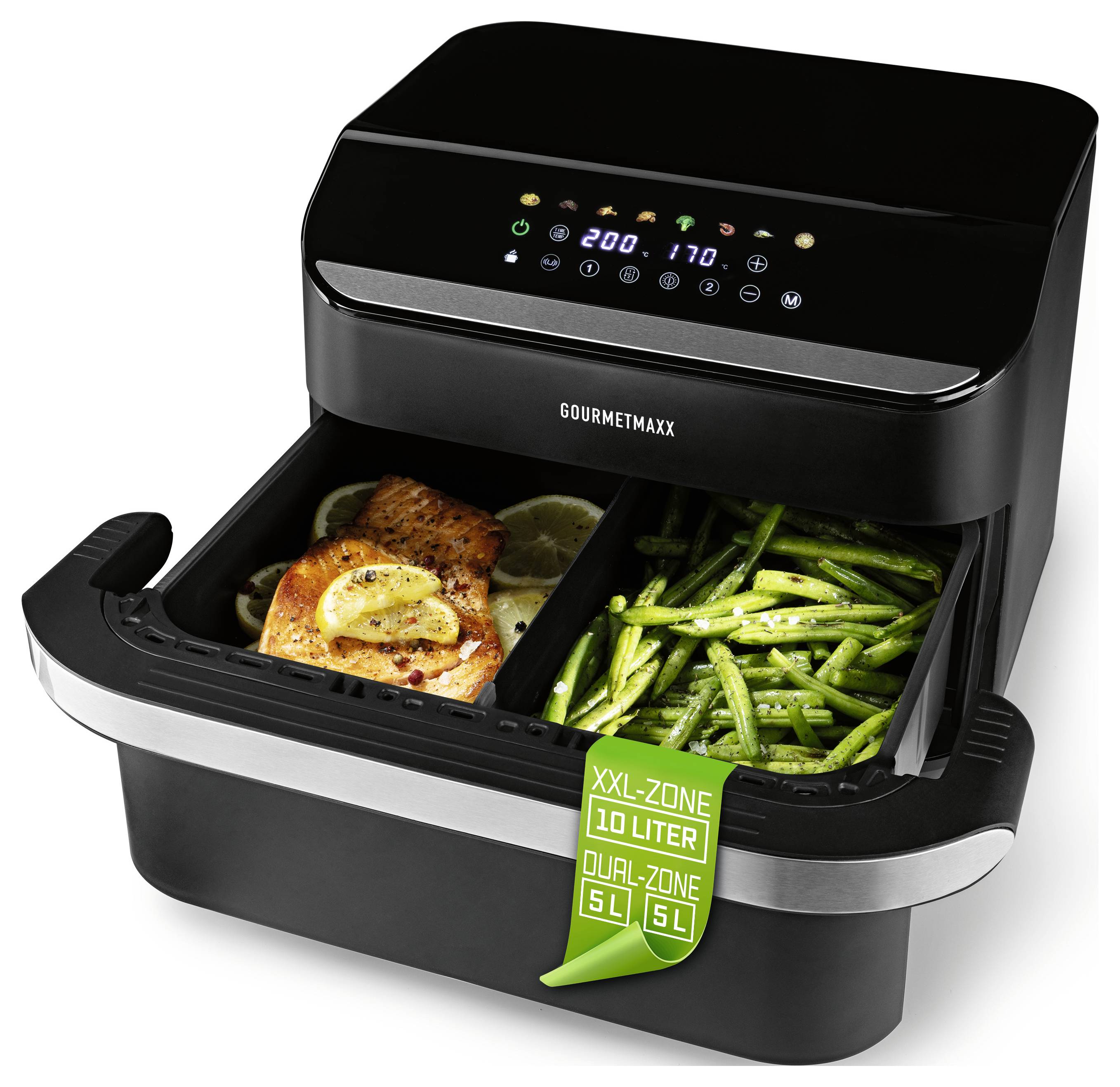 Un friggitrice ad aria a doppia zona con due scomparti: uno con salmone cotto e limone, l'altro con fagiolini verdi. I comandi digitali mostrano le impostazioni.
