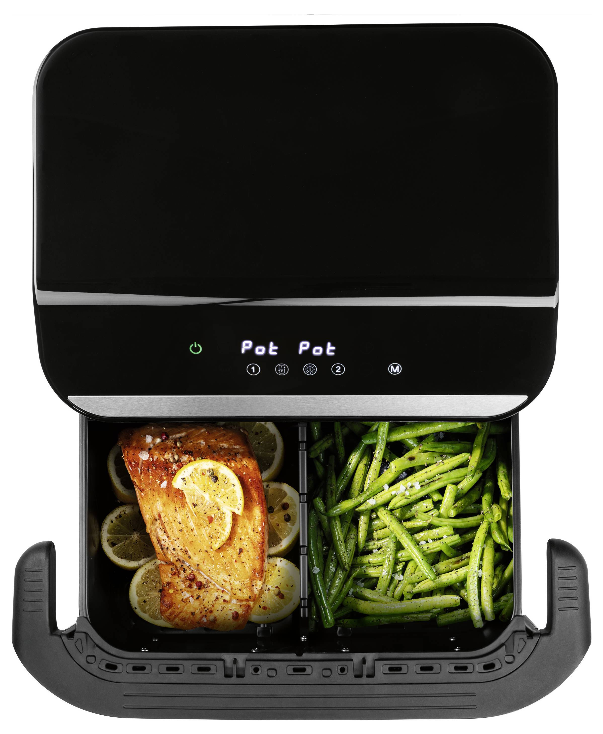 Una vista dall'alto di un'airfryer con due scompartimenti; uno contiene un filetto di salmone cotto su fette di limone, l'altro ha fagiolini verdi.