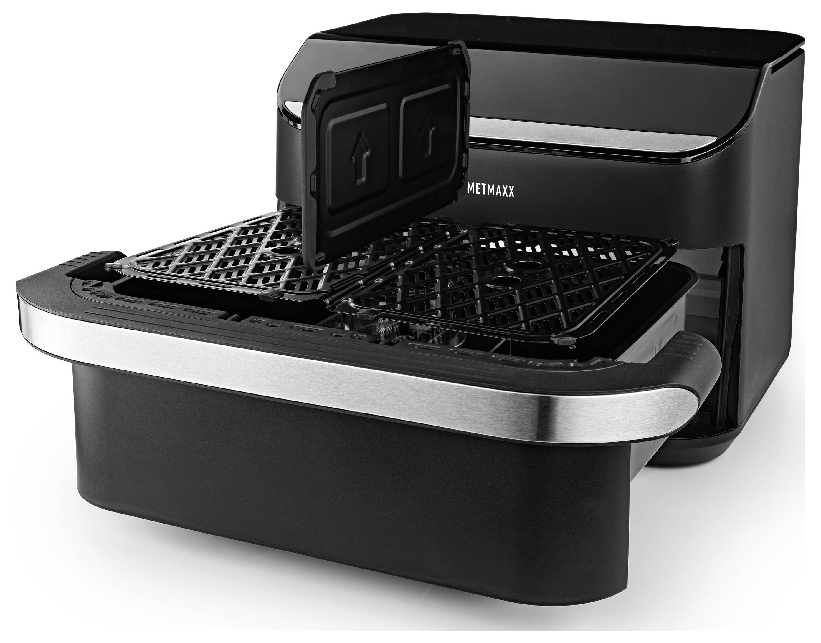 Un air fryer nero e moderno con sistema a doppio cestello e coperchi aperti, che evidenzia la sua capacità di cottura e versatilità.