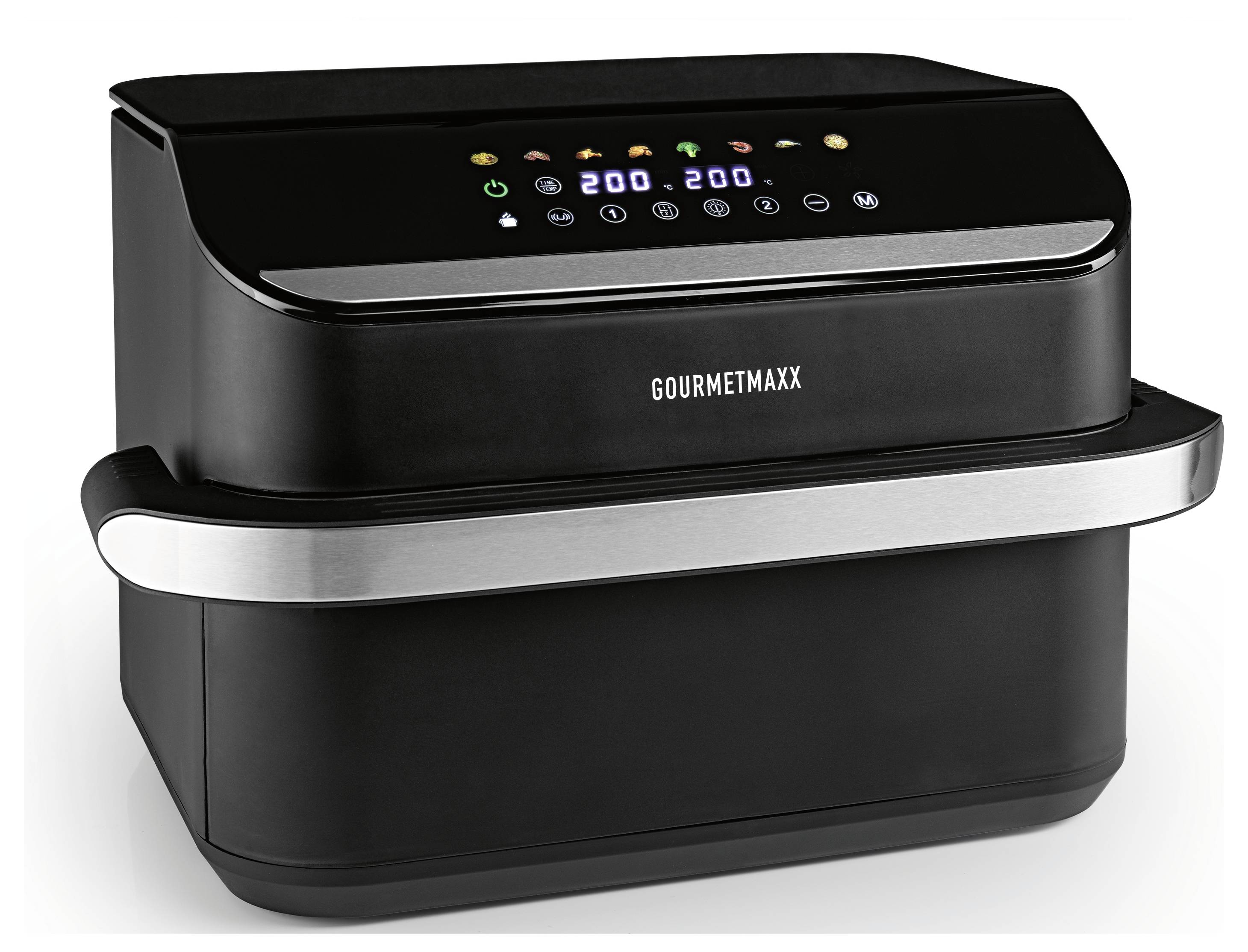 Un friggitrice ad aria 'Gourmet Maxx' nero e argento con un display touch digitale che mostra diverse icone di modalità di cottura e un'impostazione della temperatura di 200 gradi.