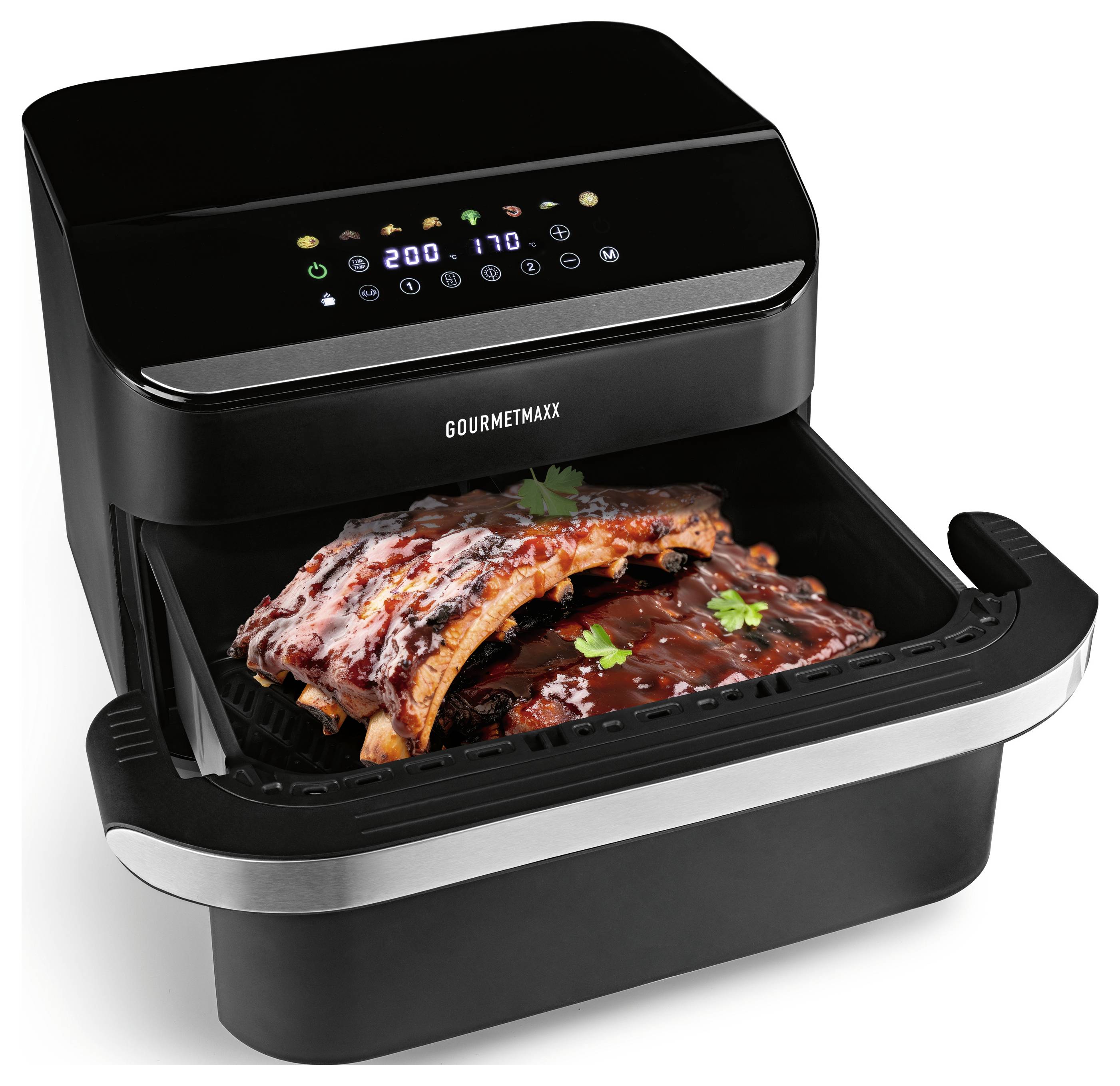 Una griglia da piano di lavoro che sta cucinando costine con salsa. Il display mostra le impostazioni e la temperatura, indicando che l'elettrodomestico è attualmente in uso.