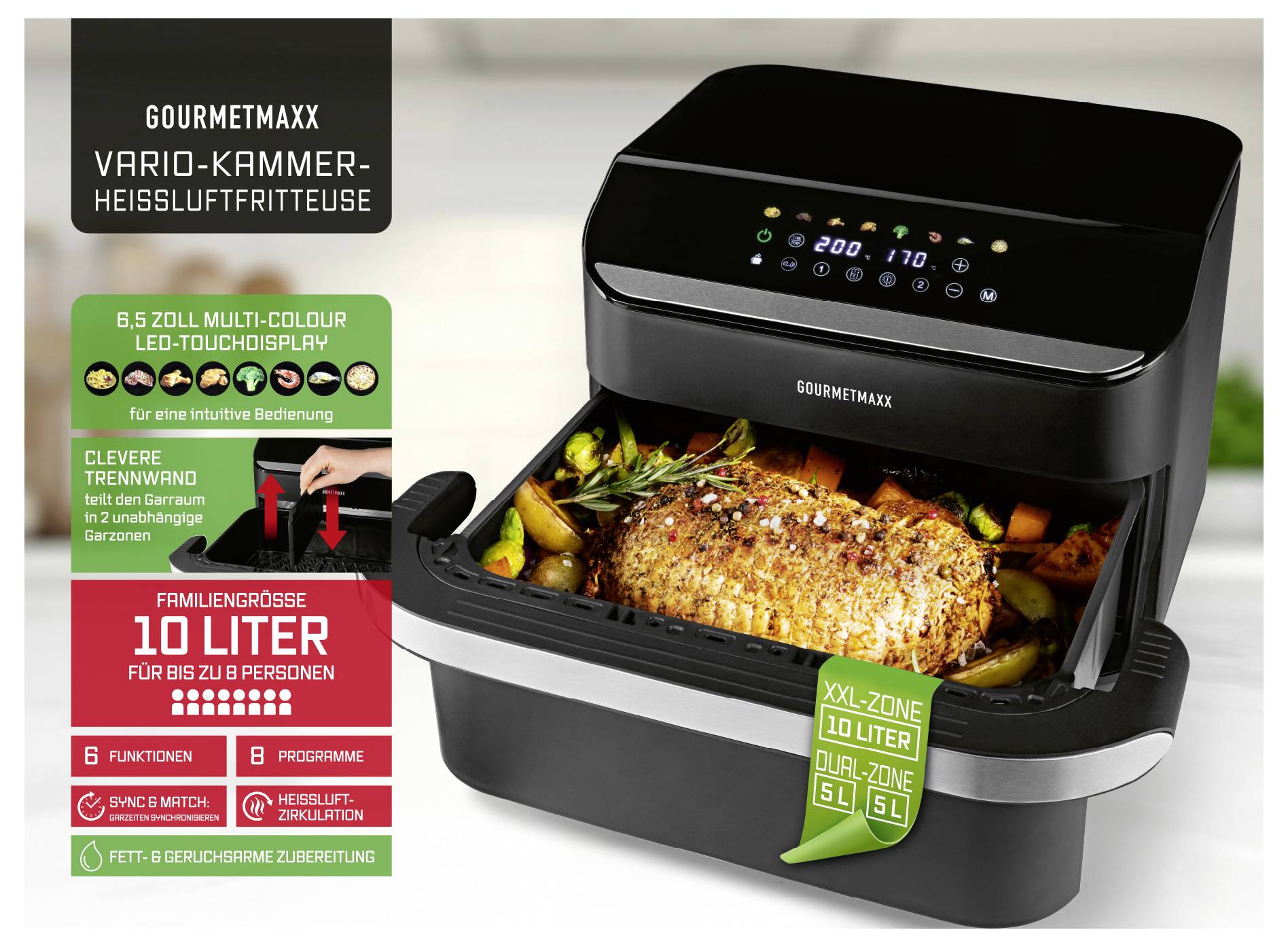 Un friggitrice ad aria calda nera con display integrato. Lo spazio interno estraibile mostra un piatto preparato. Testo: 'Camera Vario, Zona XXL 10 litri'.