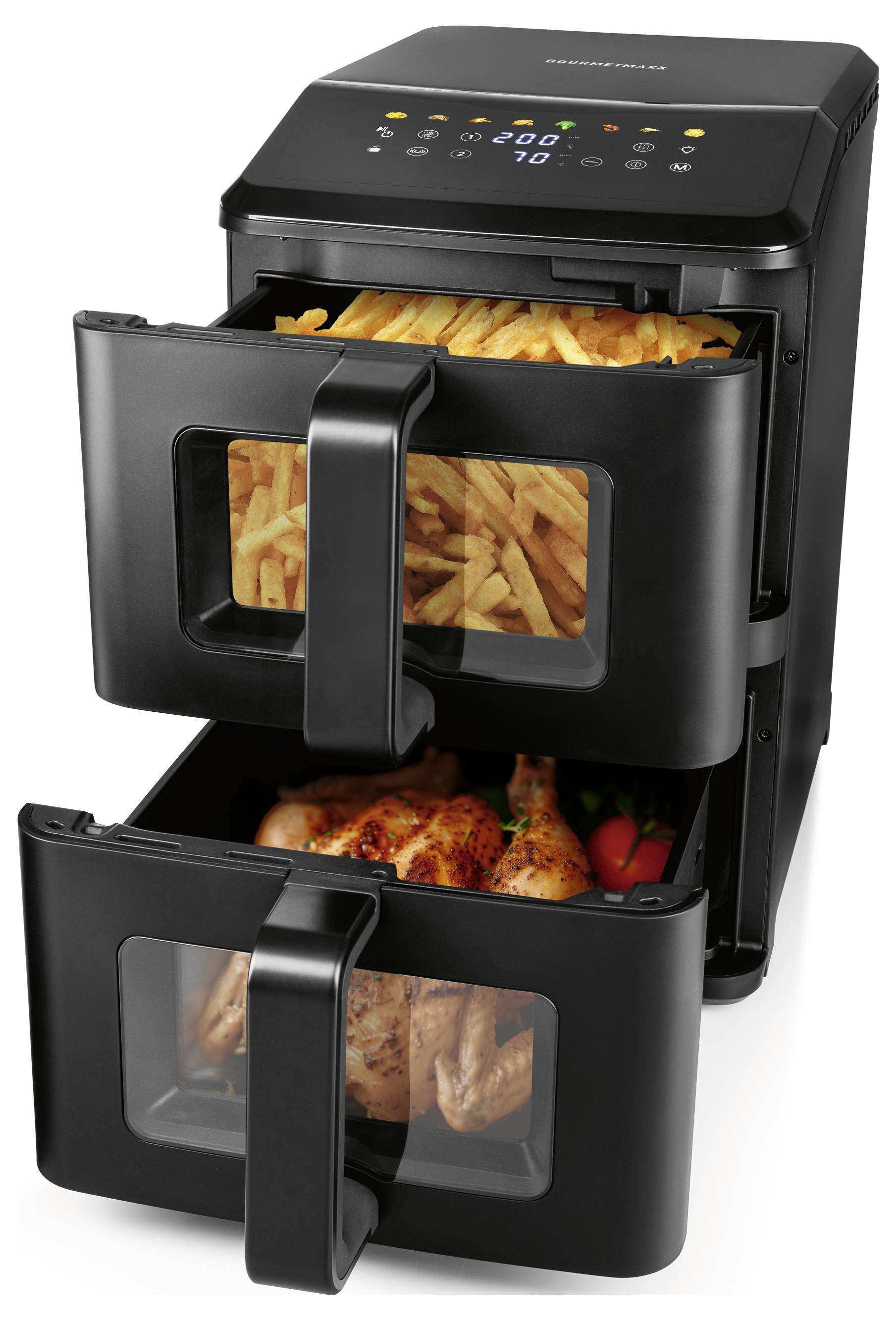 Un'aria friggitrice con doppio cassetto con patatine fritte nel cassetto superiore e pollo arrosto con verdure nel cassetto inferiore. Sono visibili comandi digitali.