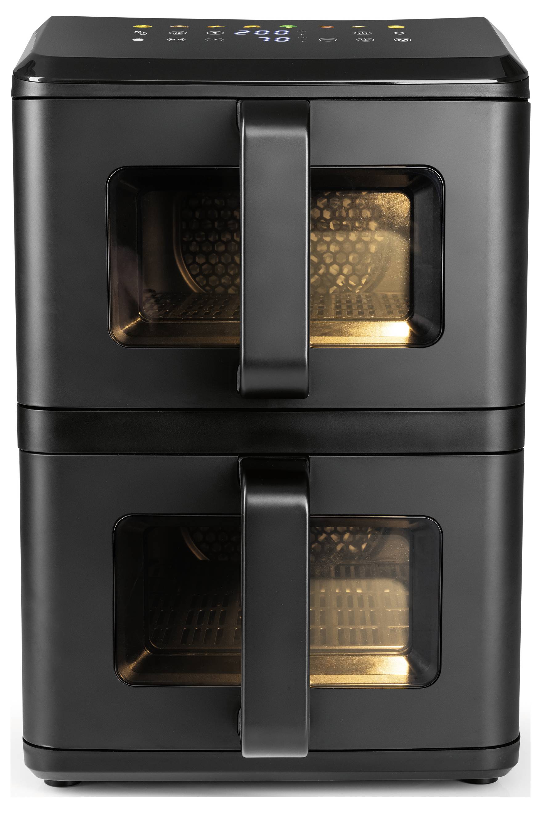 Una friggitrice ad aria a doppio cestello con comandi digitali sulla parte superiore, dotata di due compartimenti con finestre trasparenti e luci interne.