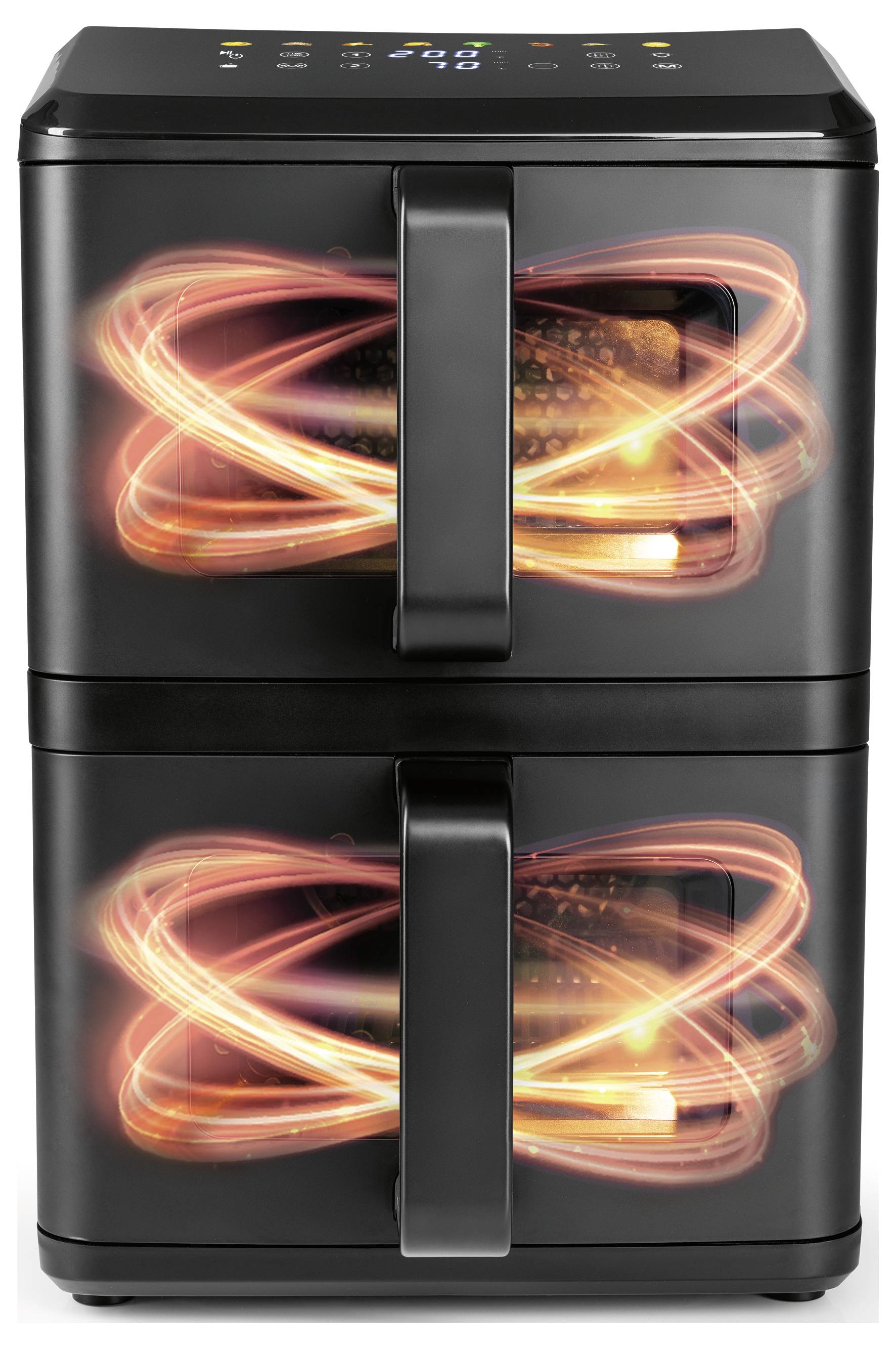 Friggitrice ad aria a doppio cestello nero con elementi riscaldanti illuminati, sportelli aperti e pannello di controllo digitale sulla parte superiore. Adatta per una cottura efficiente.